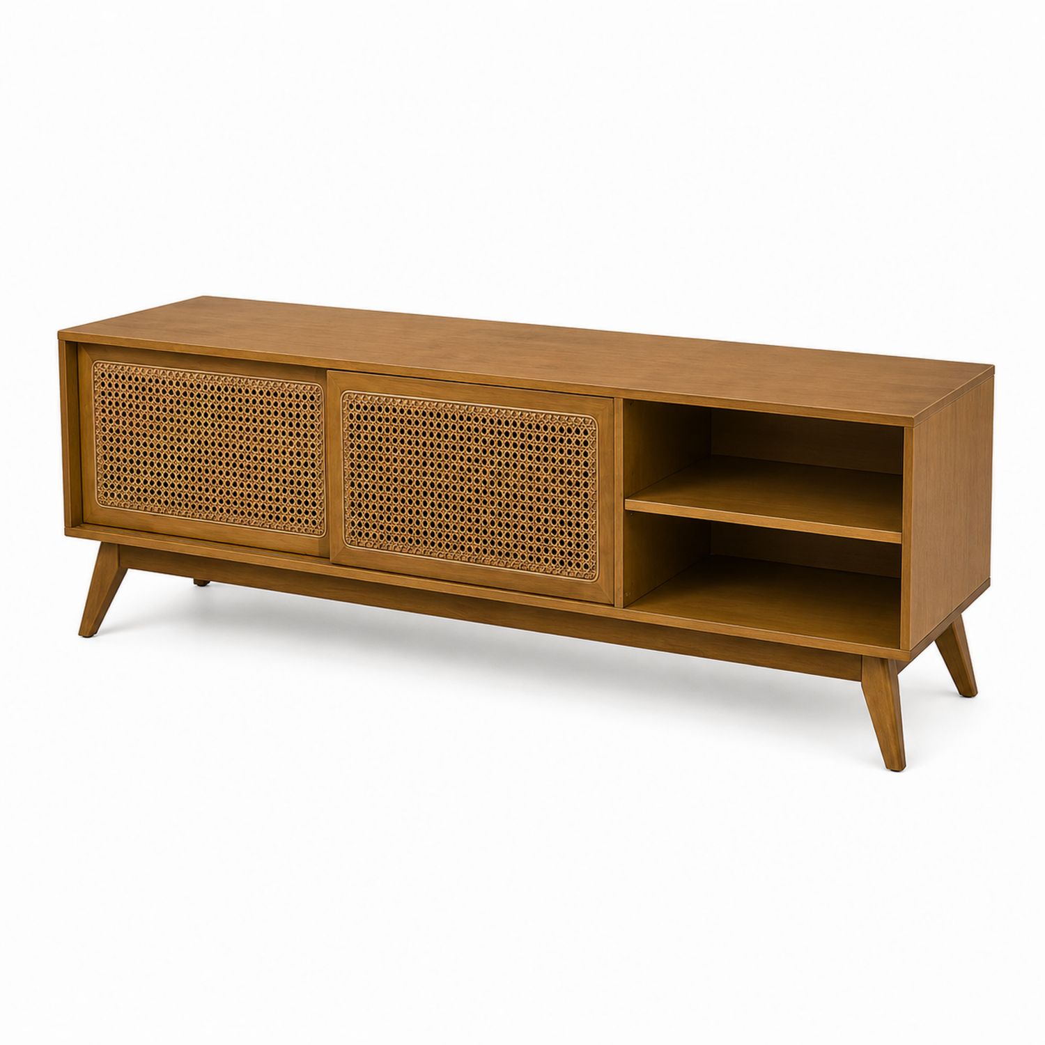 Mobile TV in legno con porte in rattan intrecciato