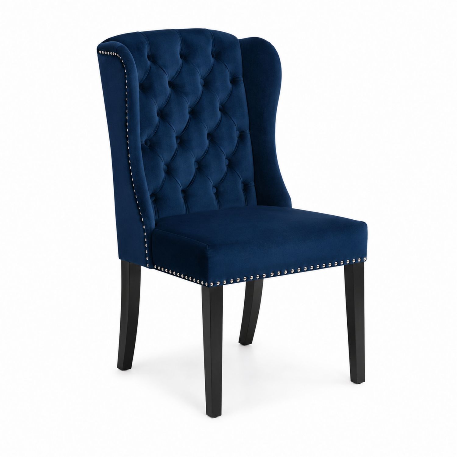 Sedia da pranzo in velluto blu con schienale alto e borchie