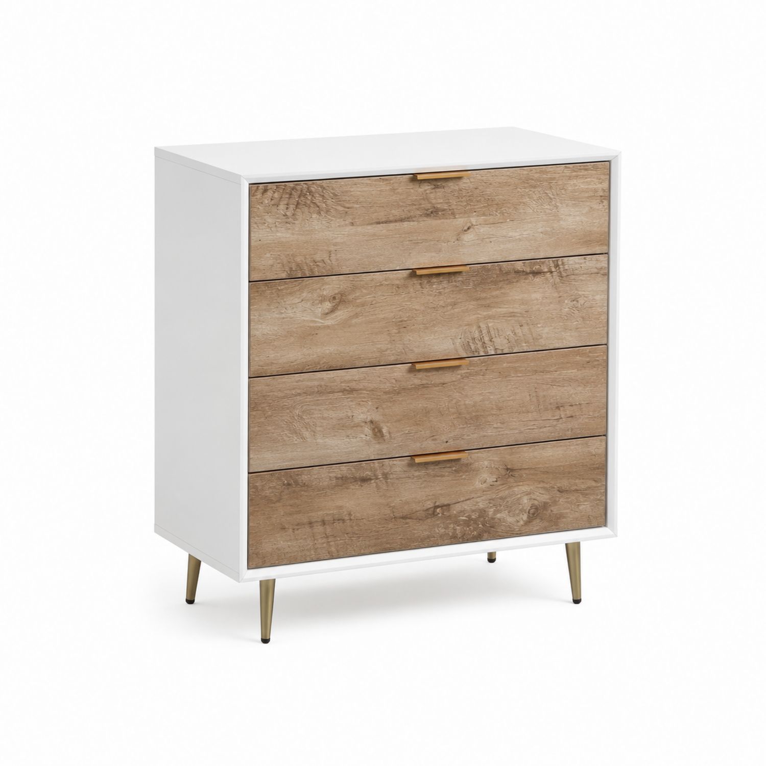 Cassettiera in MDF e legno con gambe in metallo, Bianco e Marrone