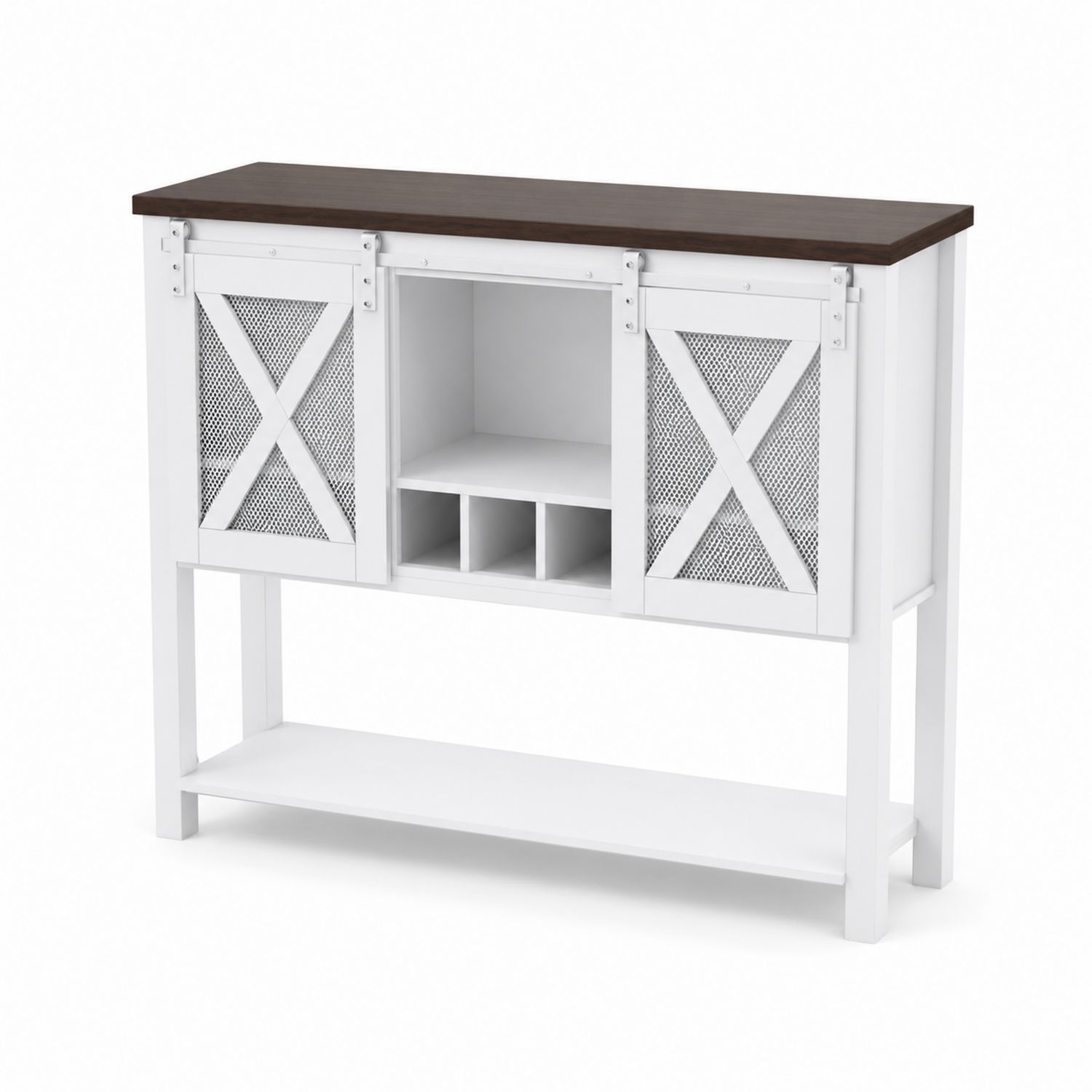 Credenza in Legno e Rete Metallica Bianco e Marrone Scuro