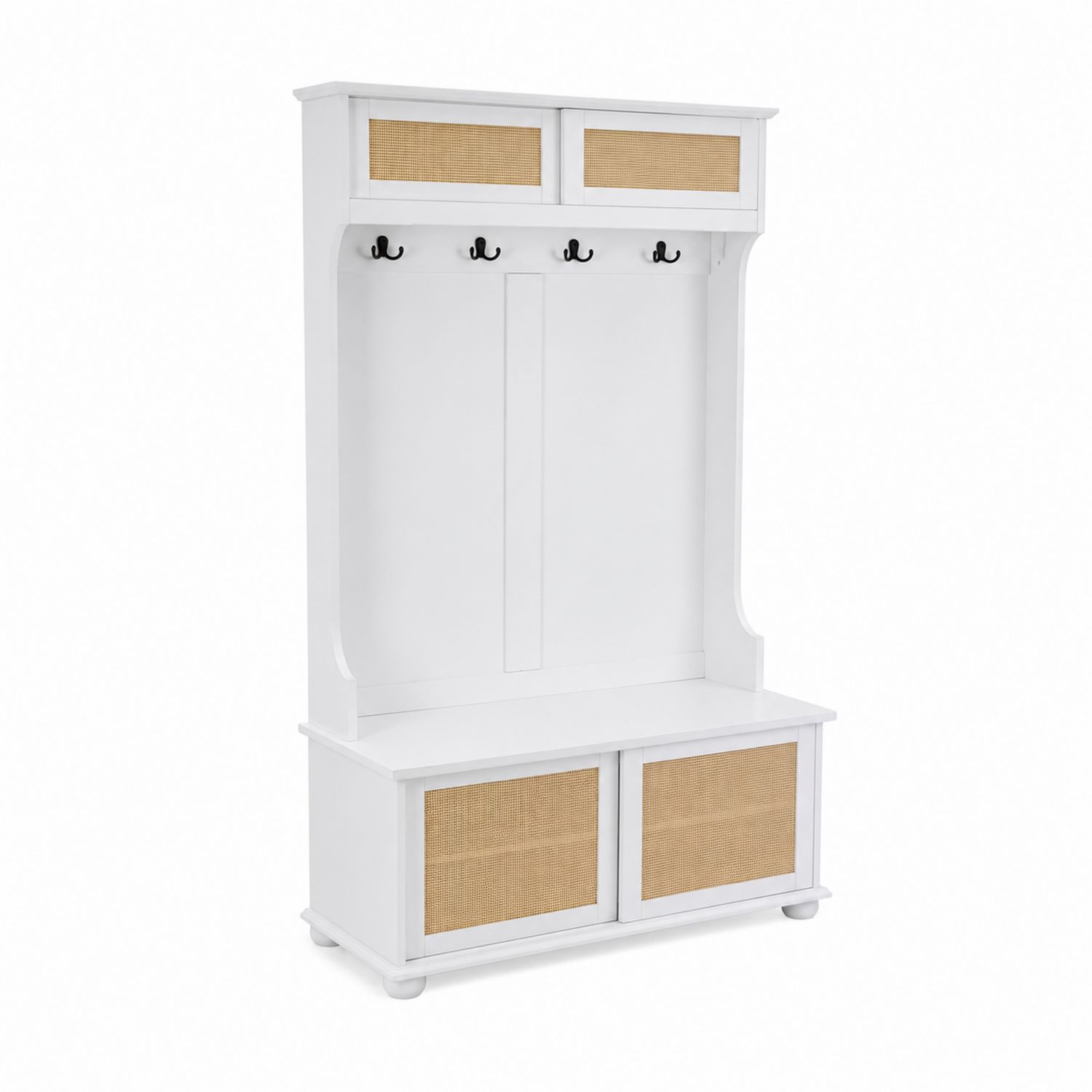 Mobile da ingresso in legno con ante in rattan e ganci