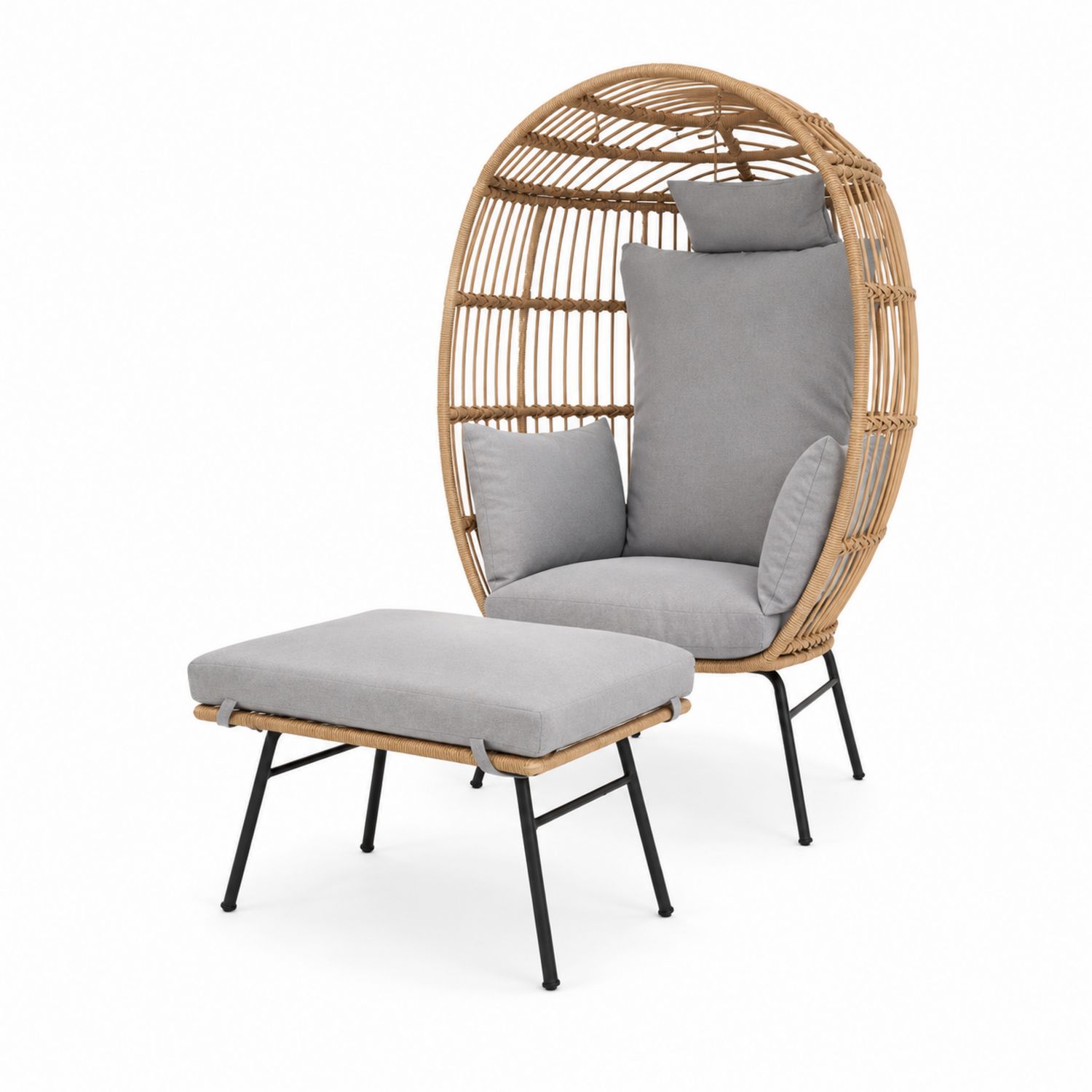Poltrona in Rattan con Poggiapiedi e Cuscini Grigi
