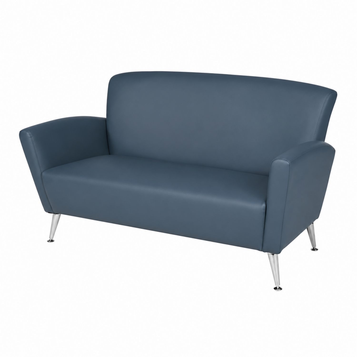 Divano in pelle sintetica blu con gambe in metallo
