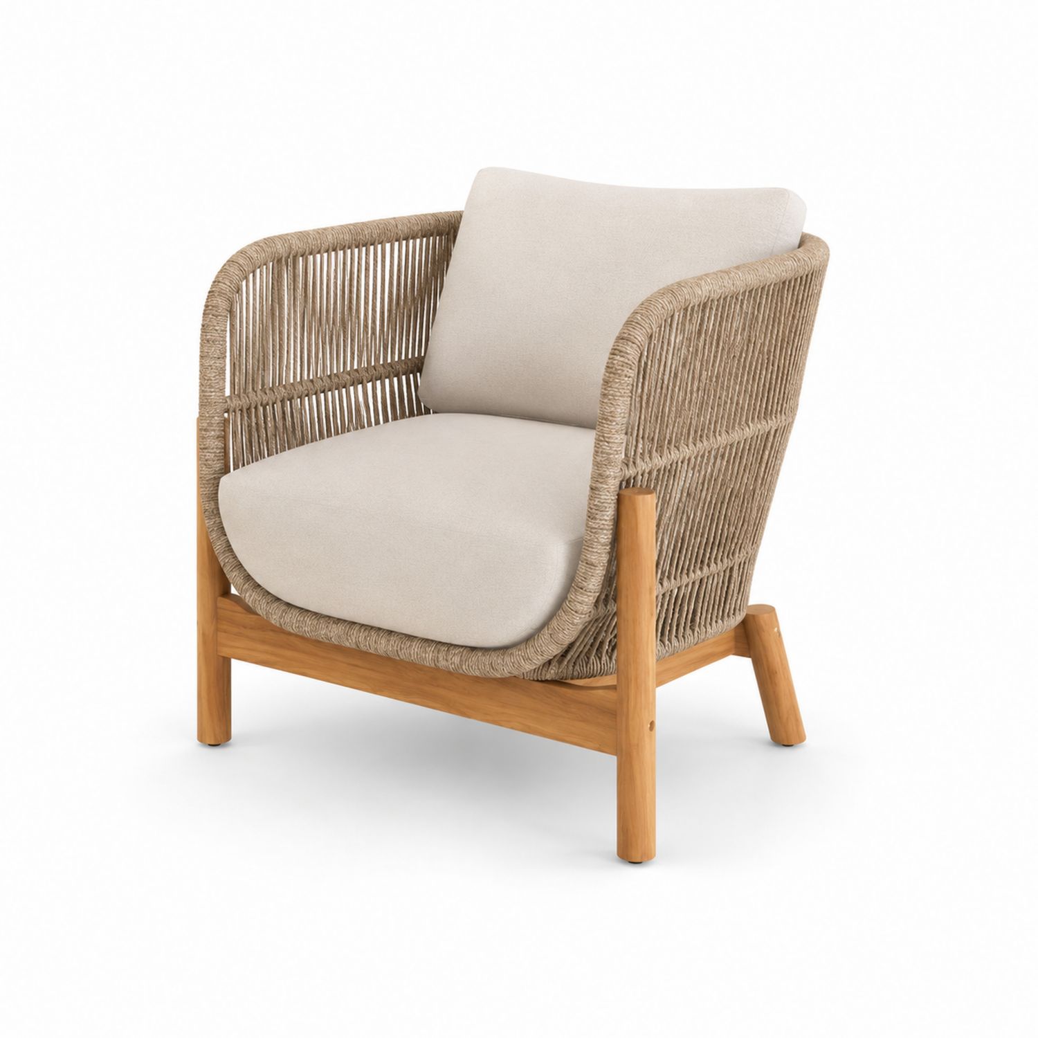 Poltrona in teak e corda con cuscini in poliestere crema
