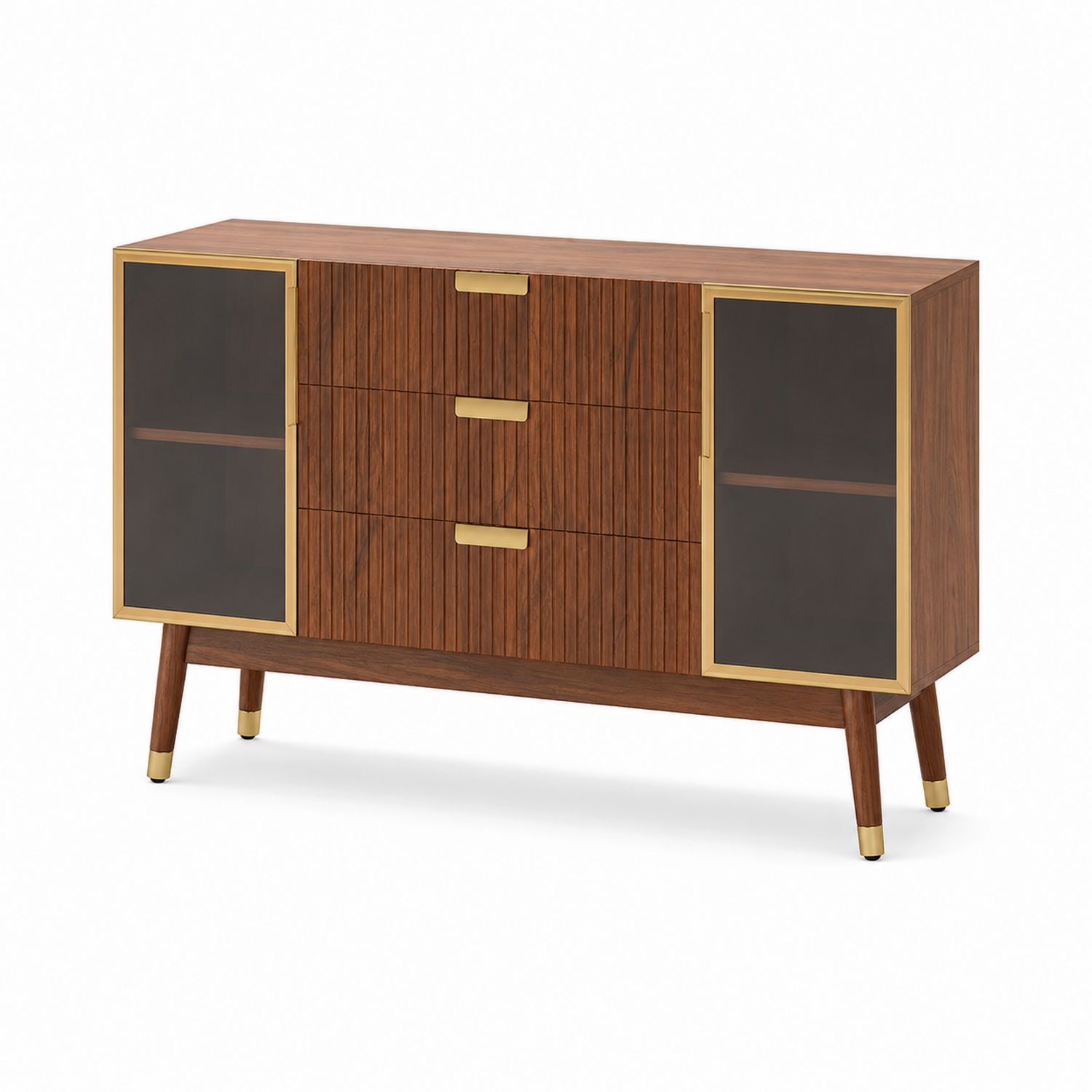 Credenza in Legno con Ante in Vetro Temperato e Tre Cassetti 150x45x90 cm