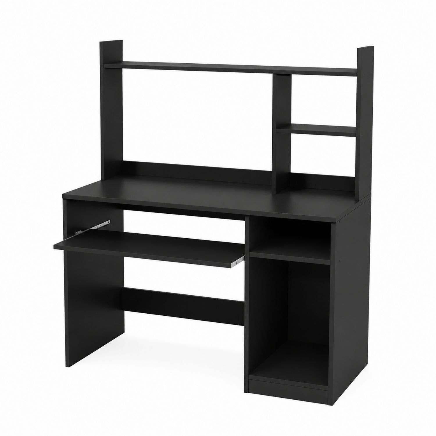 Escritorio de madera con estantería negro con bandeja para teclado