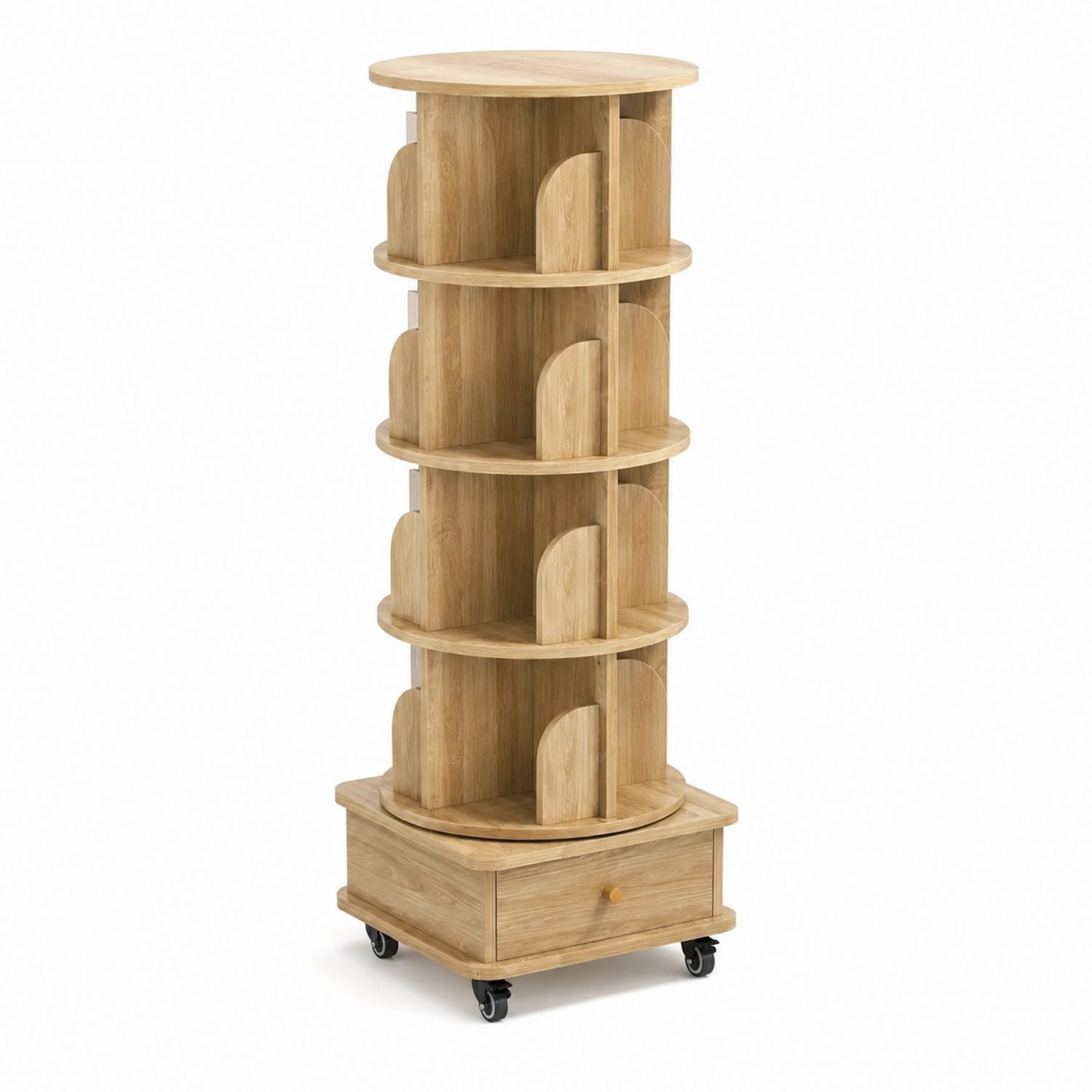 Estantería giratoria de madera de roble con ruedas y cajón