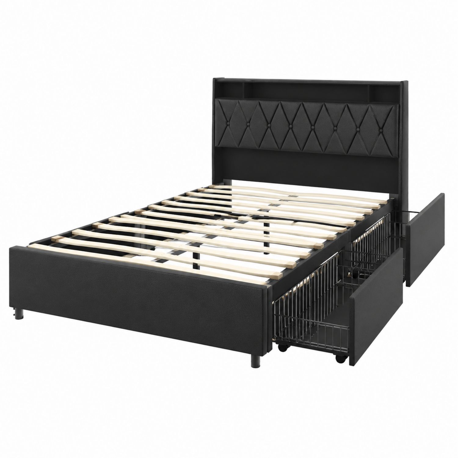 Cama doble de madera con cajones de almacenamiento de cuero sintético negro