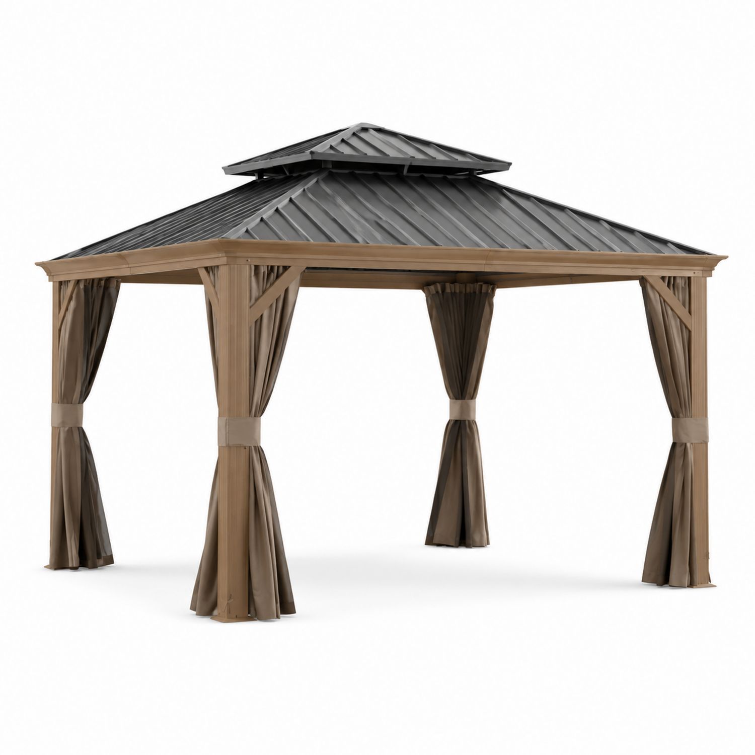 Pérgola de aluminio 3x3.6m con techo de acero y cortinas beige