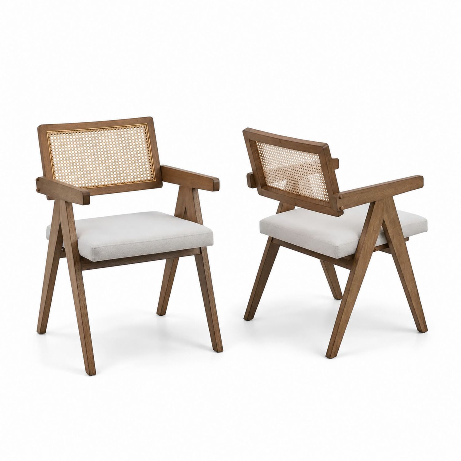 Silla de madera con respaldo de ratán, lino beige, juego de 2