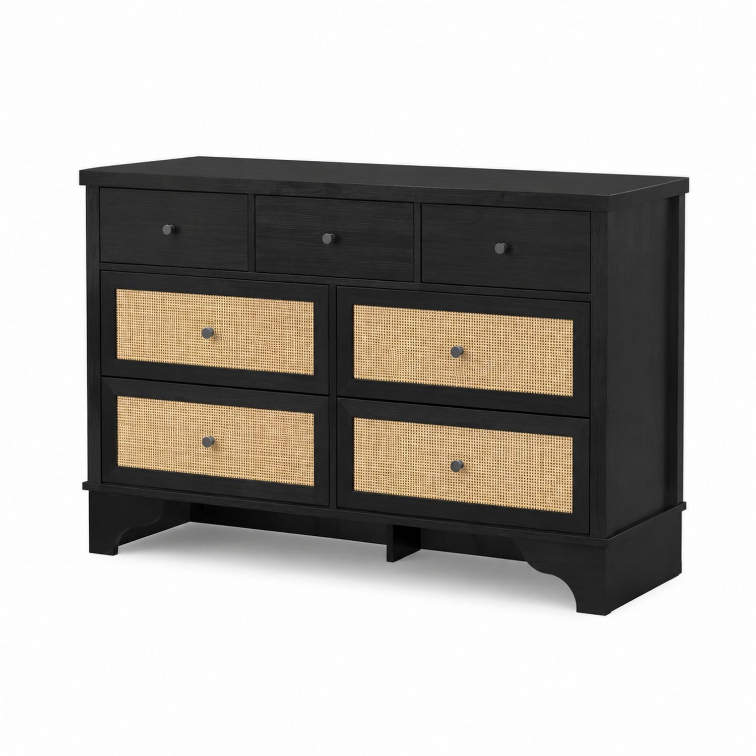Cómoda de Dormitorio con 6 Cajones MDF y Ratán Negro y Natural