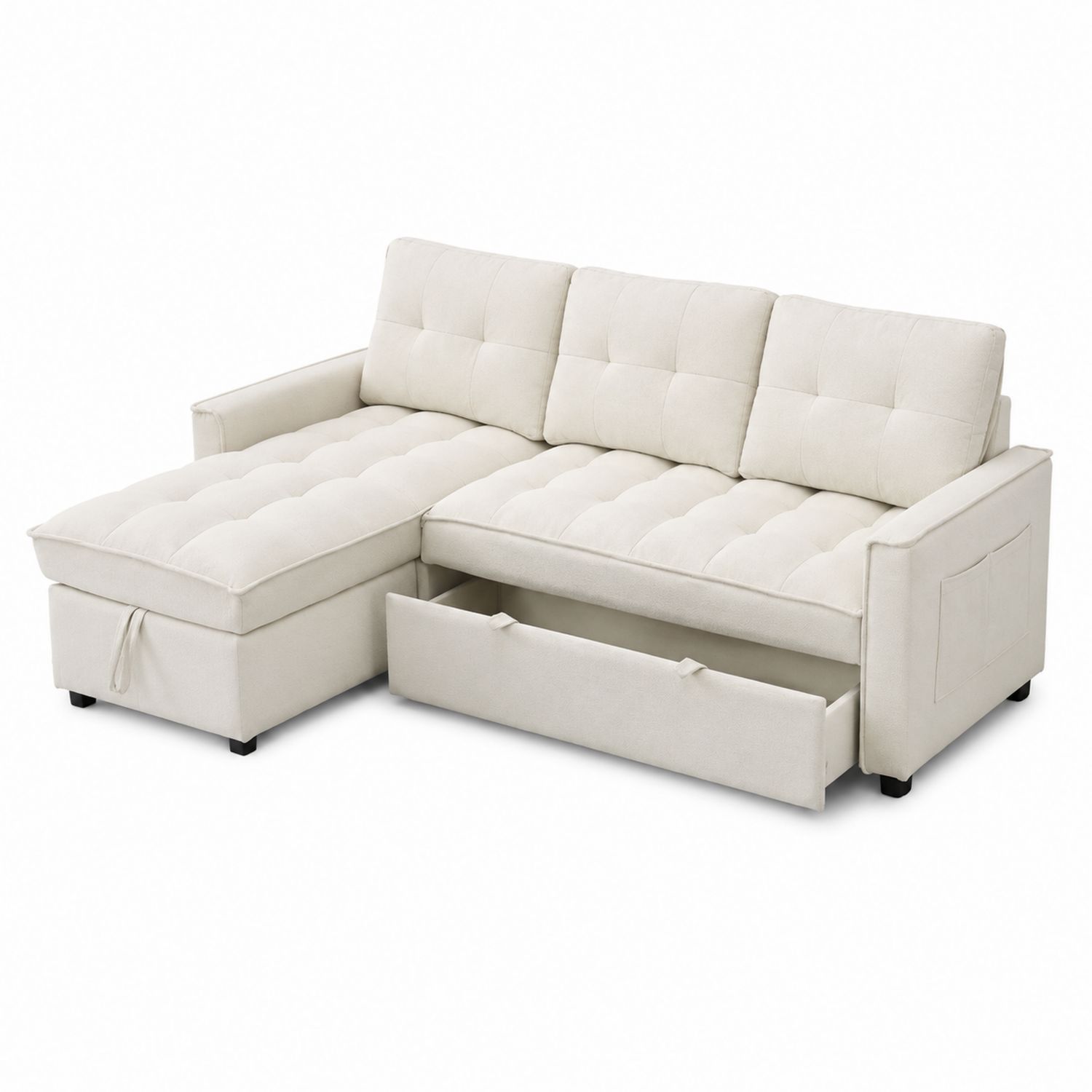 Sofá esquinero convertible en poliéster color crema con almacenamiento