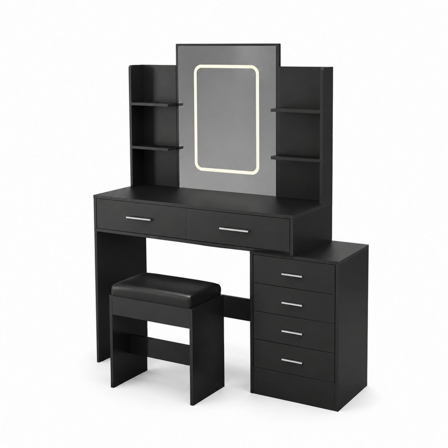 Conjunto de Tocador de MDF Negro con Espejo LED y Taburete