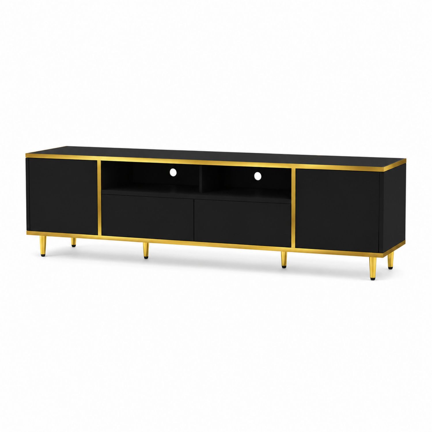 Mueble de TV de Madera y Metal Negro con Detalles Dorados