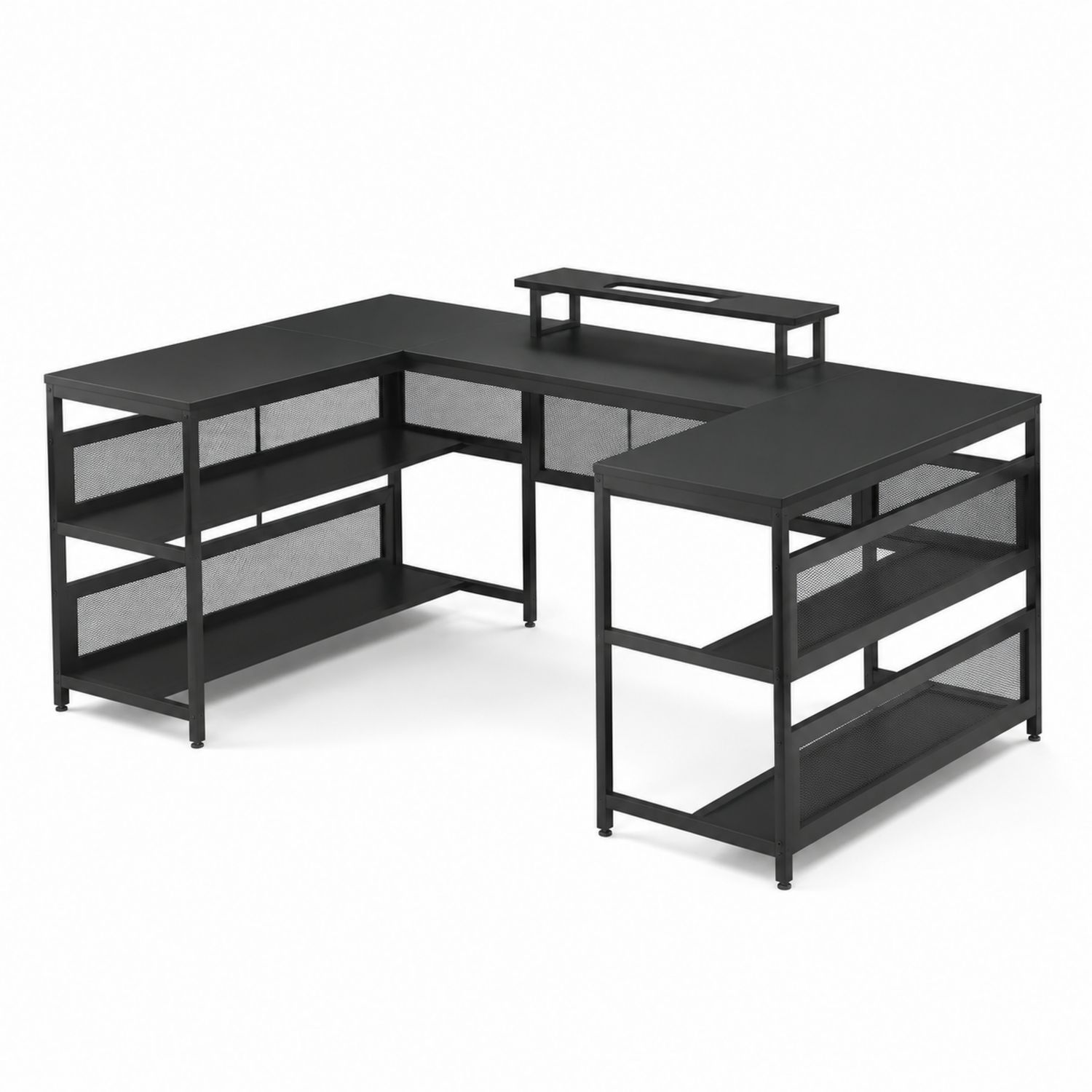 Escritorio en L de Metal Negro con Estanterías