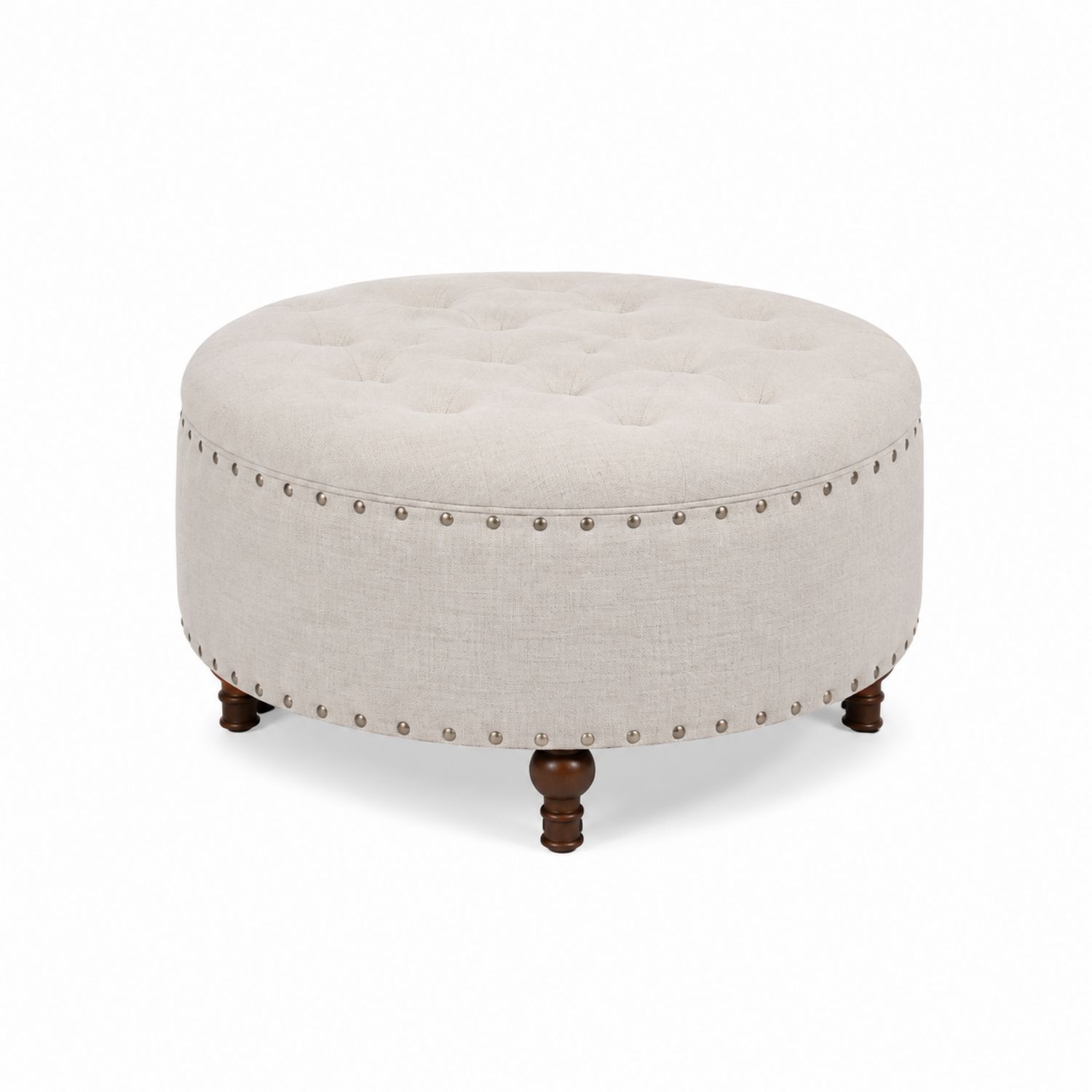 Puf redondo de lino beige con patas de madera 40cm de altura