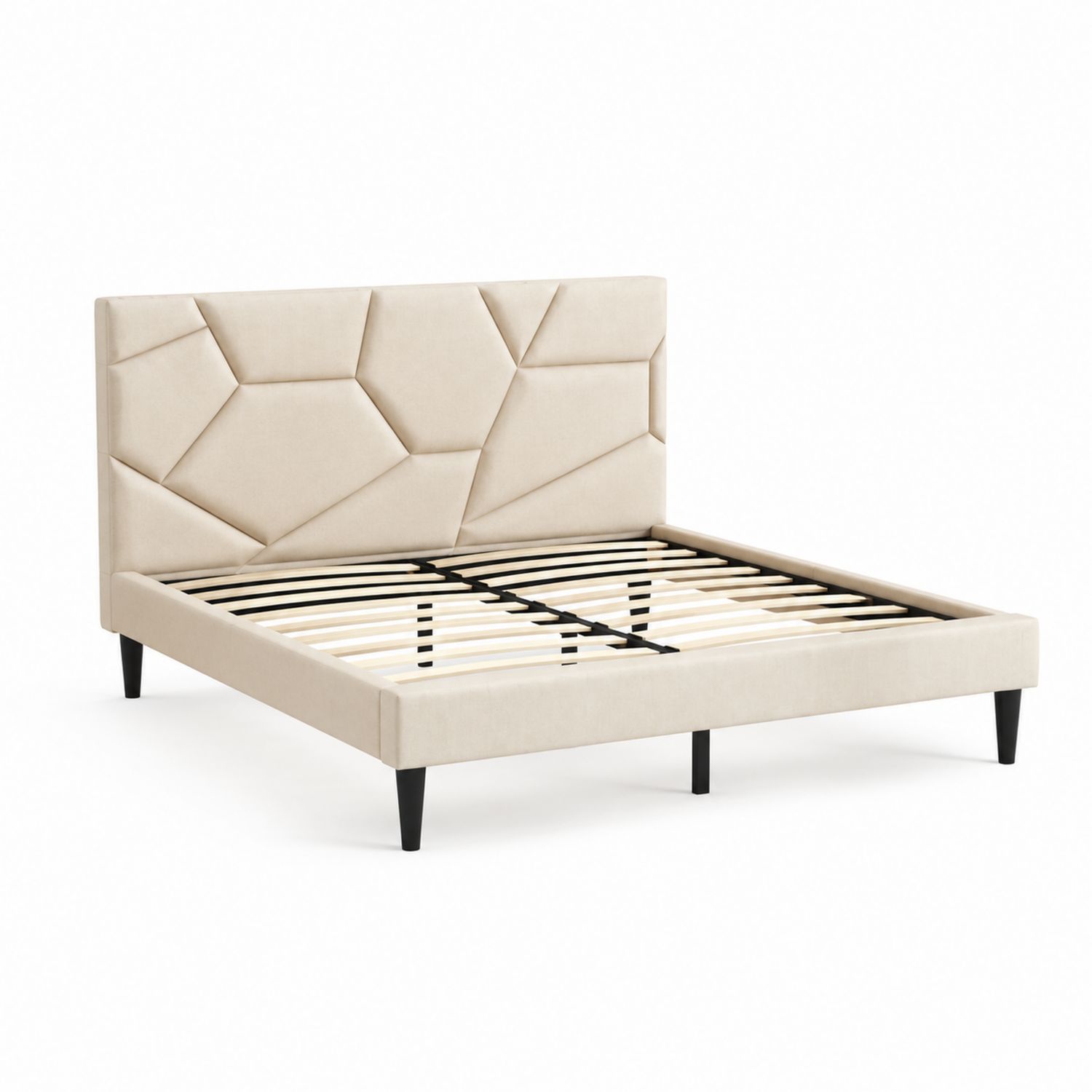 Cama tapizada geométrica beige de madera y terciopelo