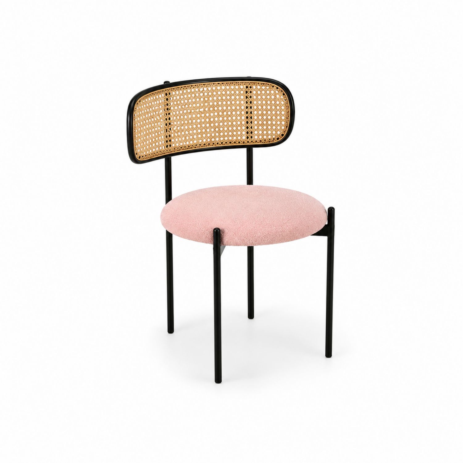 Silla de metal con respaldo de mimbre y asiento de tela rosa