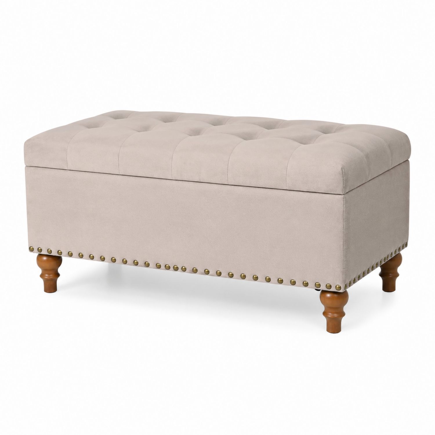 Banco de almacenamiento de terciopelo beige con patas de madera