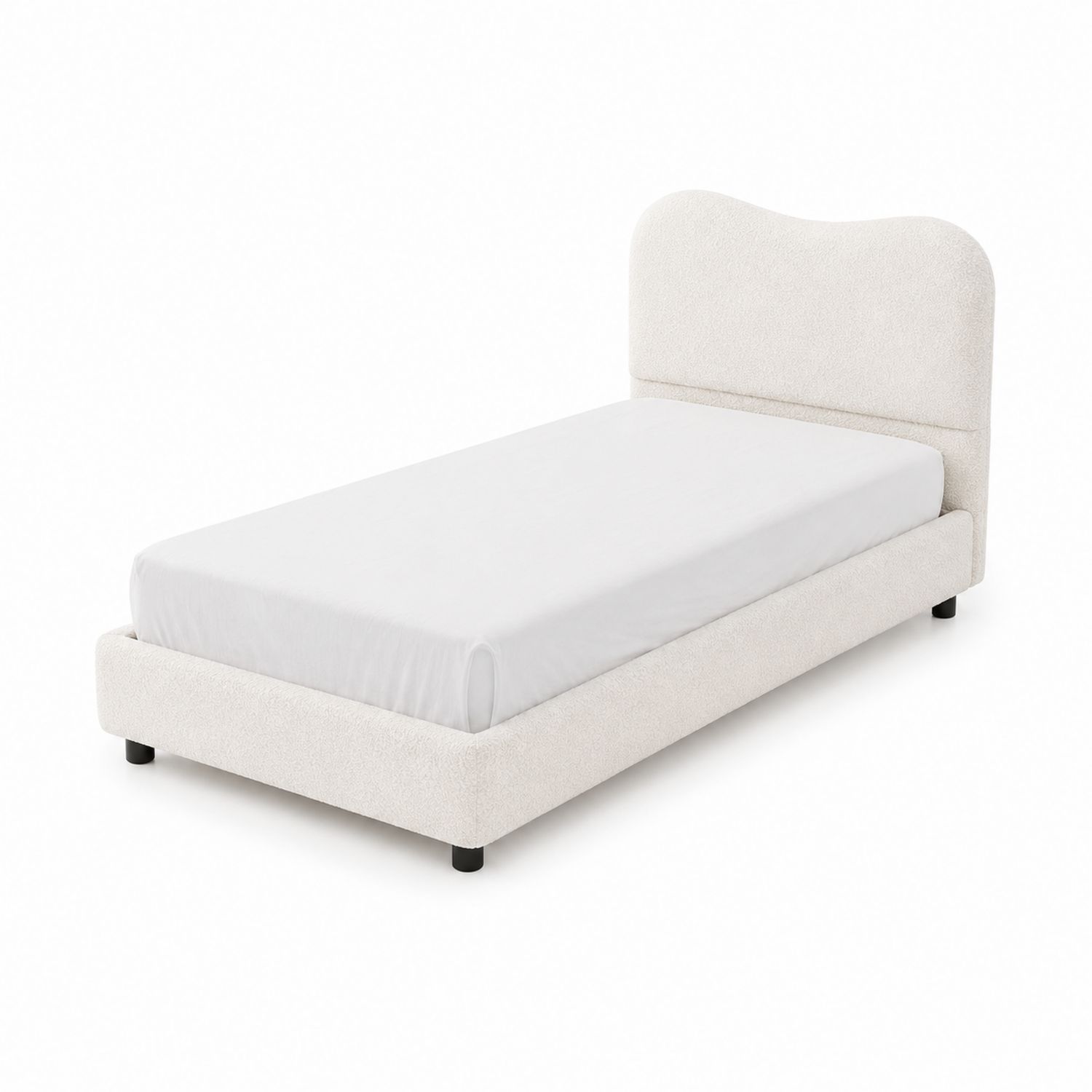 Cama individual con cabecero curvo tapizado en tejido blanco-domvirek