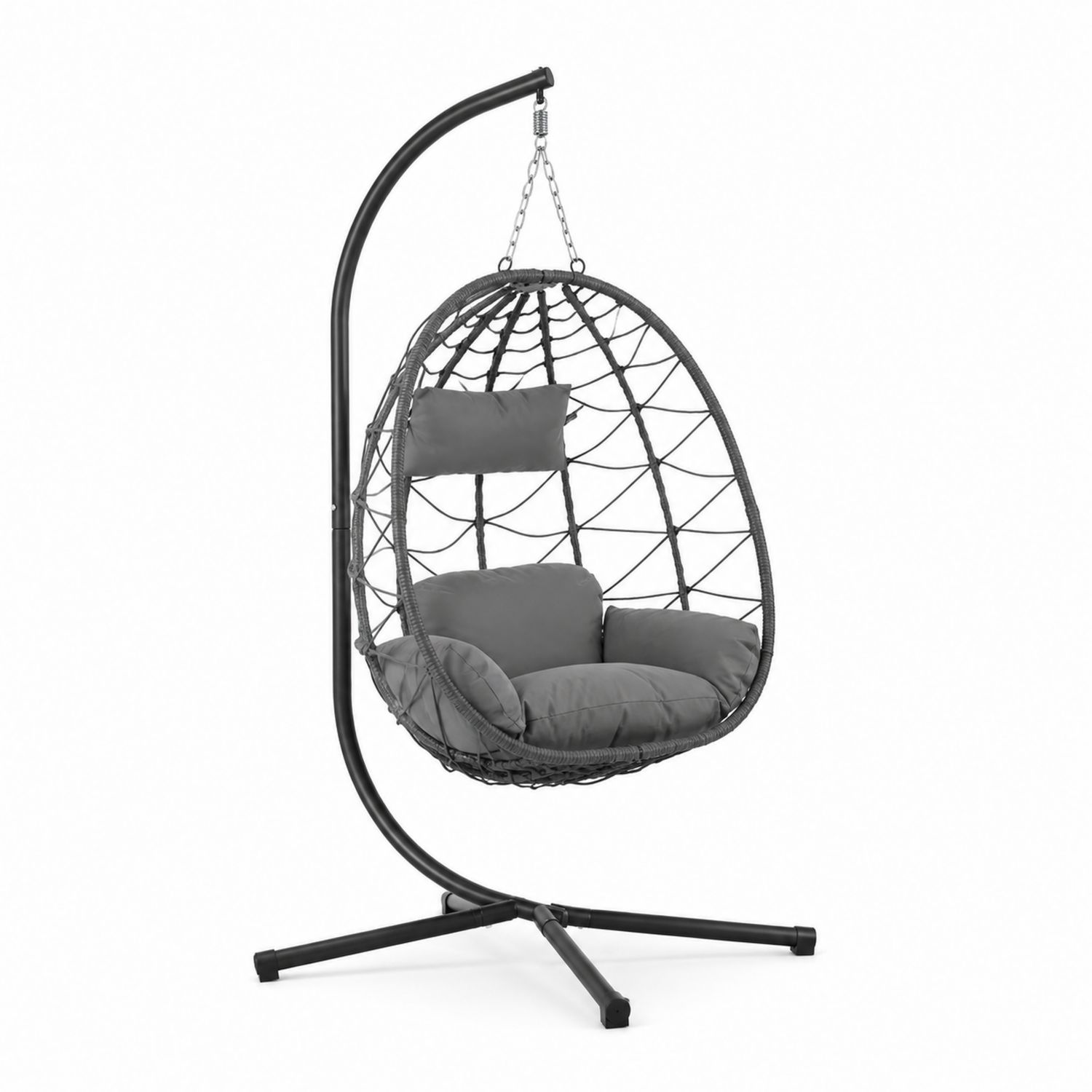 Silla colgante de metal y ratán con cojines grises-domvirek