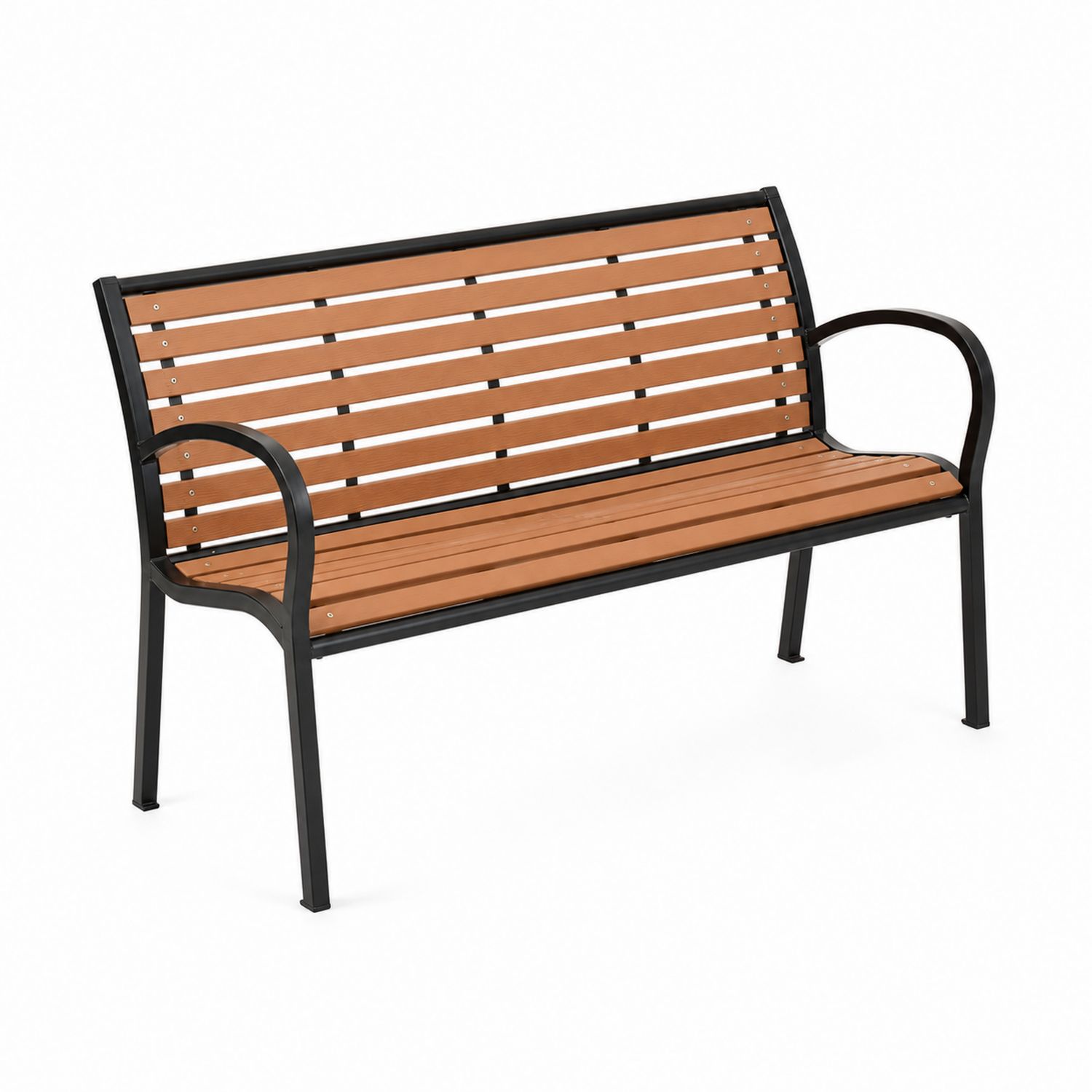 Banco de exterior con estructura de acero y listones de madera sintética marrón/negro-domvirek