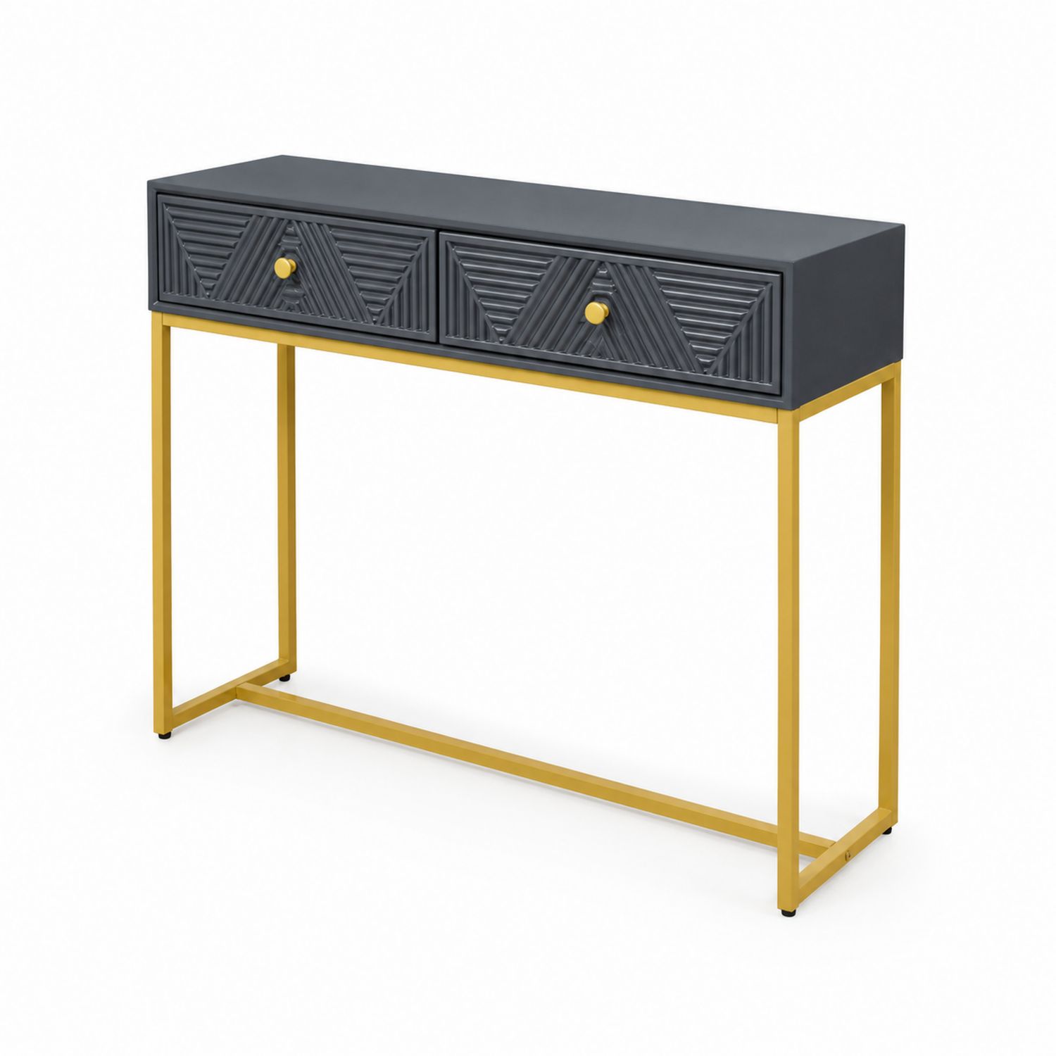 Mesa consola de madera y metal gris oscuro con patas doradas-domvirek