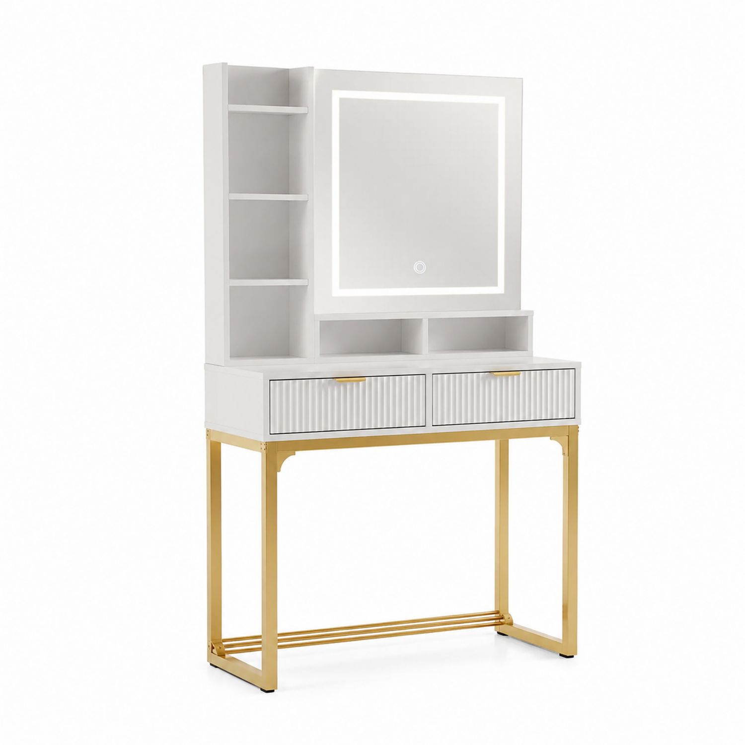 Tocador con Espejo LED de MDF Blanco y Base Metálica Dorada-domvirek