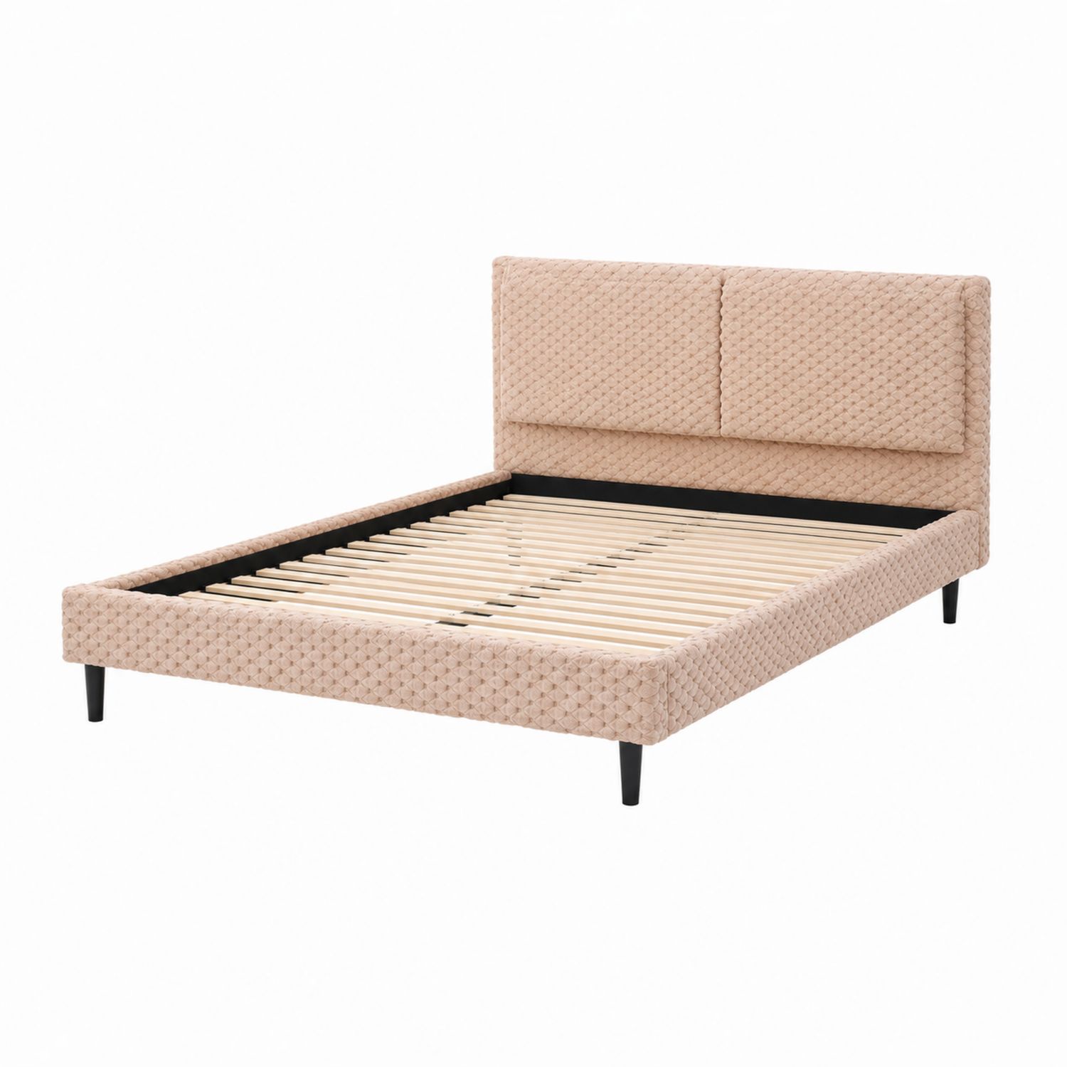 Cama tapizada con cabecero, estructura rectangular 200x160 cm, poliéster y madera beige-domvirek