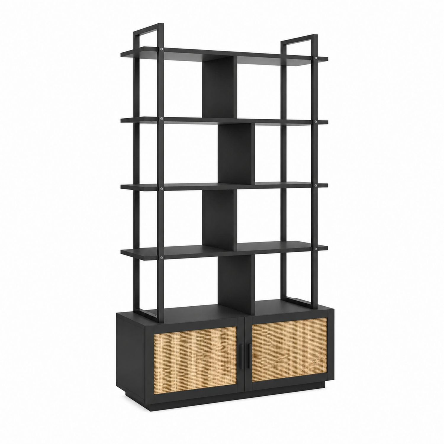 Estantería de metal y MDF con puertas de ratán, 180x90x35 cm, Negro/Beige-domvirek