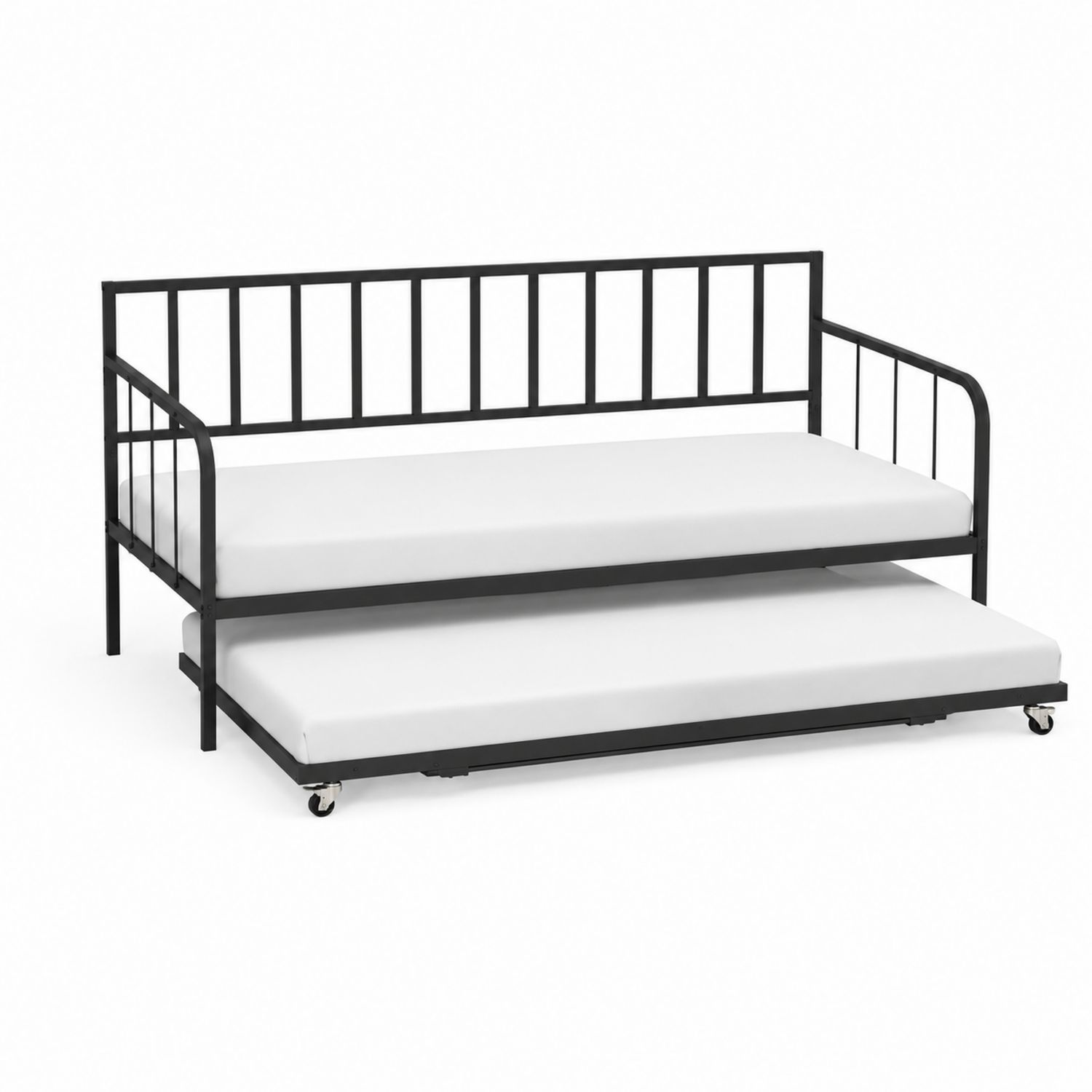 Cama nido de metal negro con colchones blancos-domvirek
