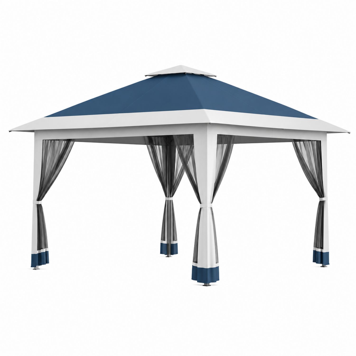 Pérgola de acero con cortinas de poliéster azul 3x4 m-domvirek