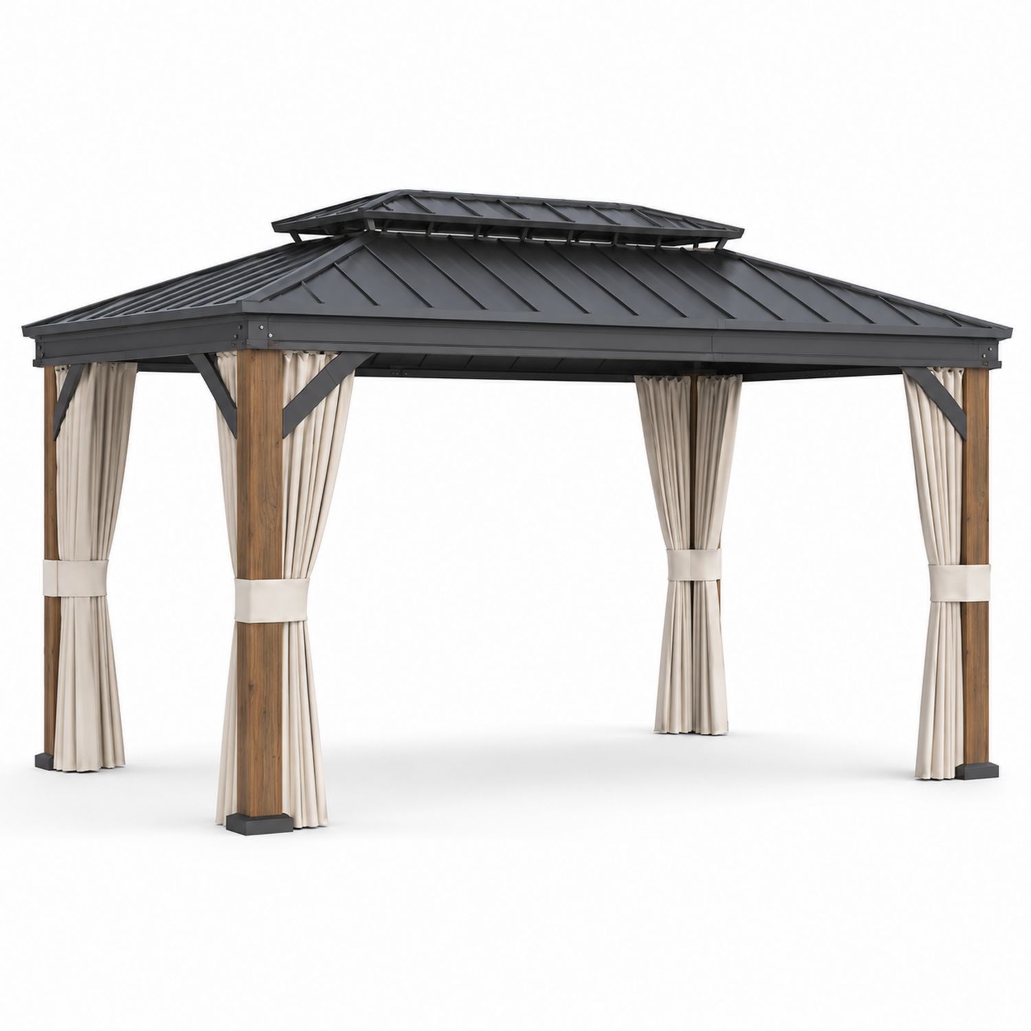 Pérgola de Metal y Madera con Cortinas Beige 12x10 pies-domvirek