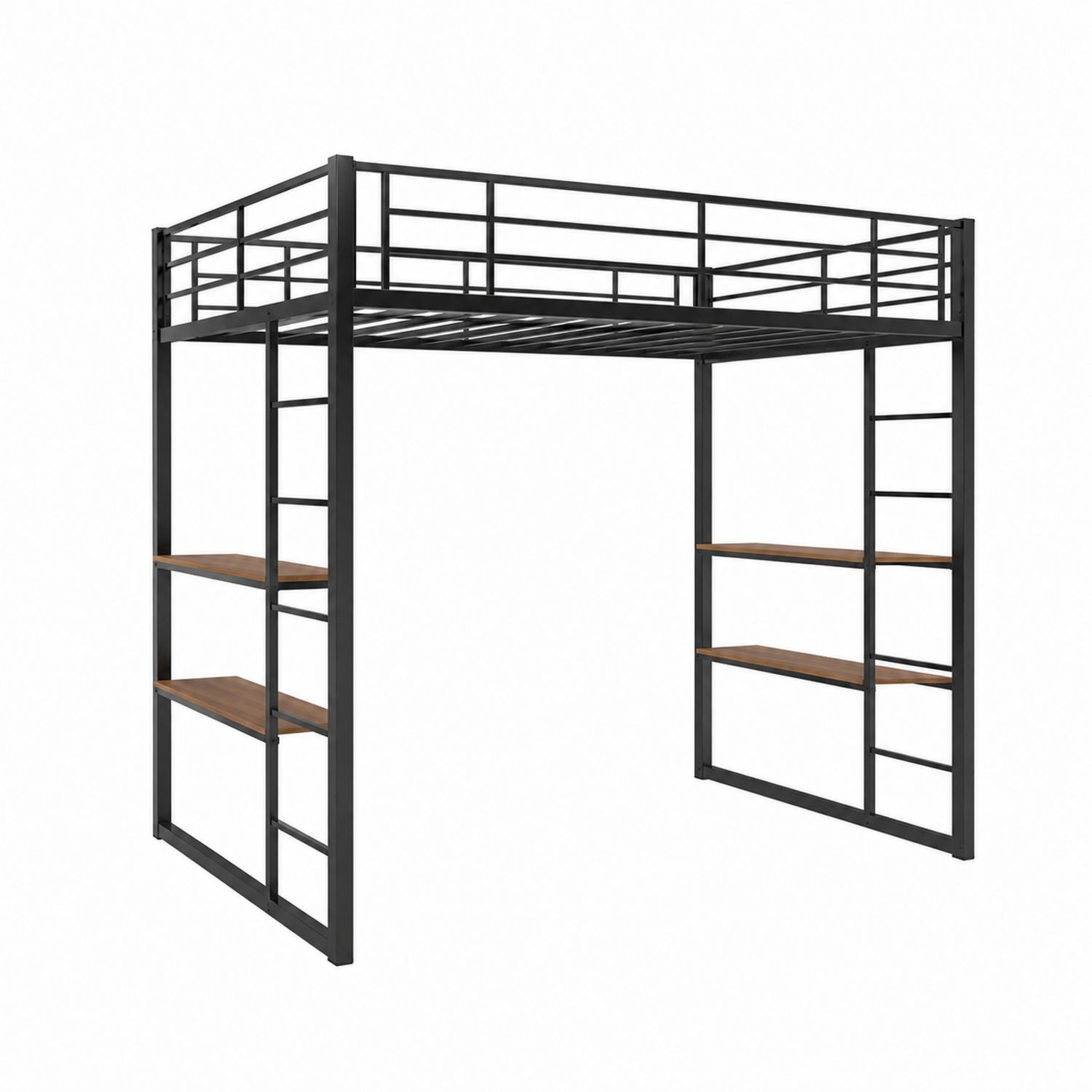 Cama alta de metal negro con estanterías de madera-domvirek