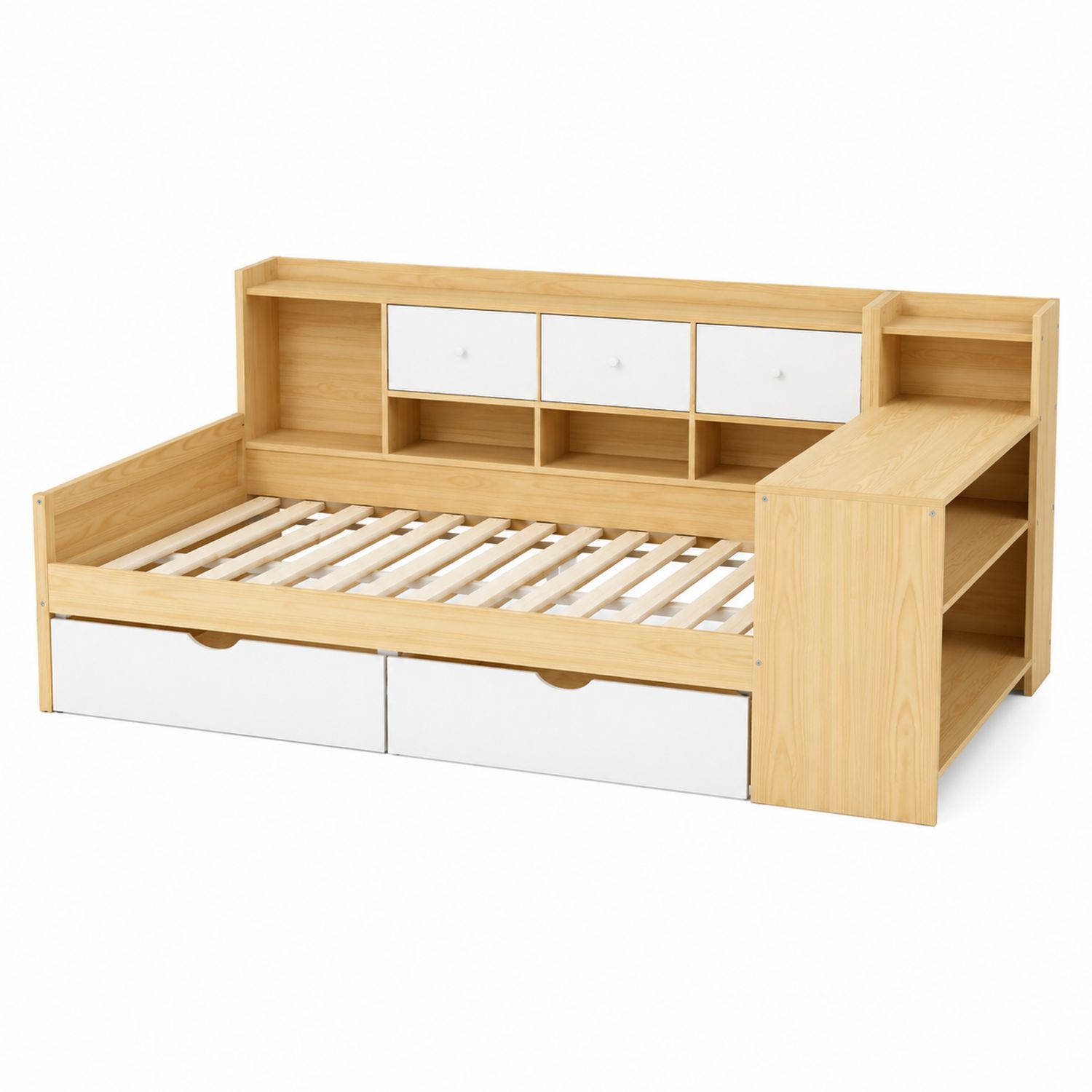 Cama individual de madera con almacenamiento y estantería lateral, 200x100 cm, Pino/Blanco-domvirek