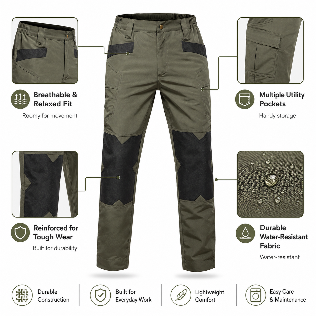 Men's Stretch Utility Cargo Pants - Lightweight Water Resistant Work Pants
