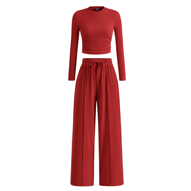 Women's Fall 2-Piece Set – Ribbed Knit Long Sleeve Crop Top & Wide-Leg Pants