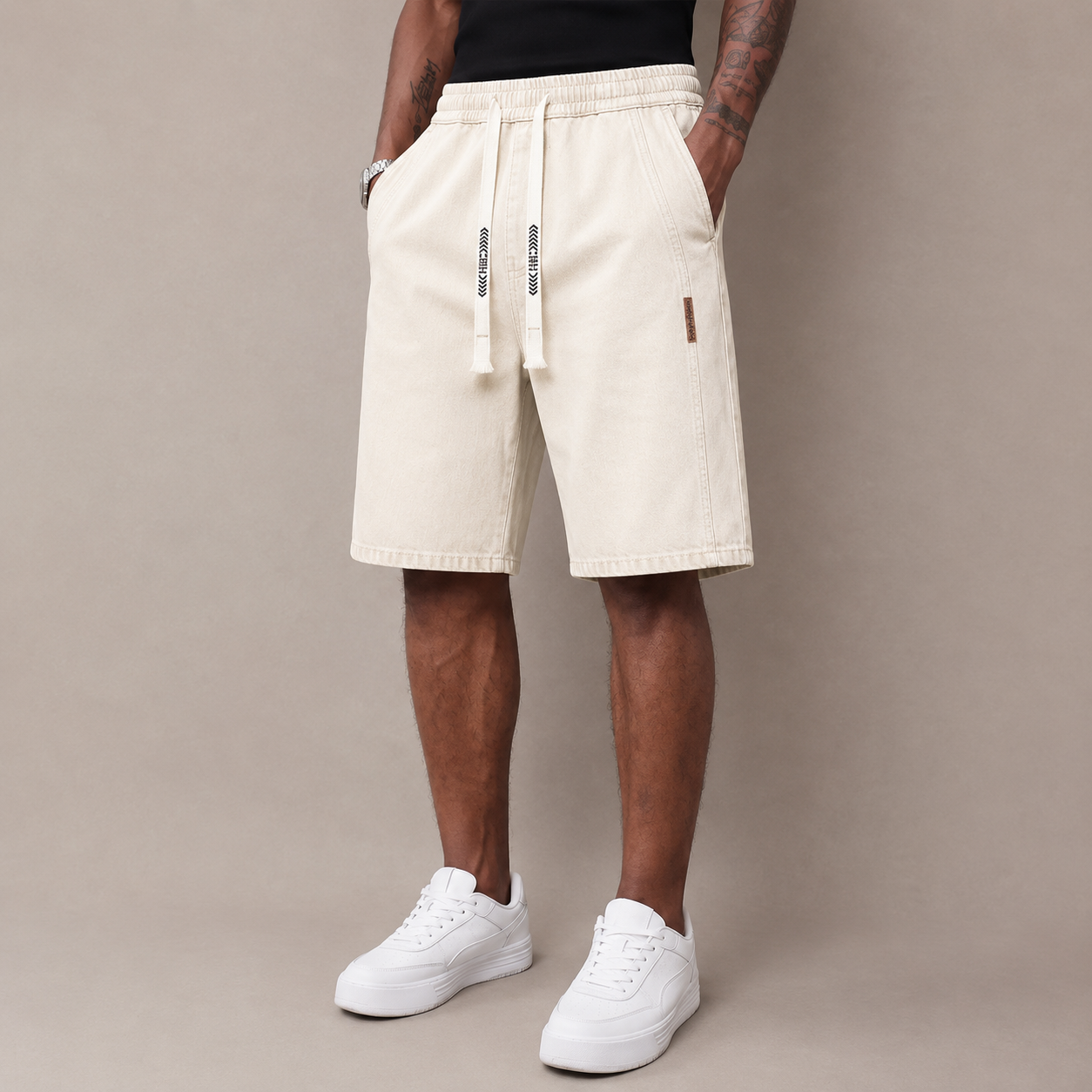 Men’s summer lightweight denim shorts — trendy short men’s pants, loose stretch mid-thigh denim shorts, classic street cotton everyday wear for men, elastic waistband drawstring denim shorts