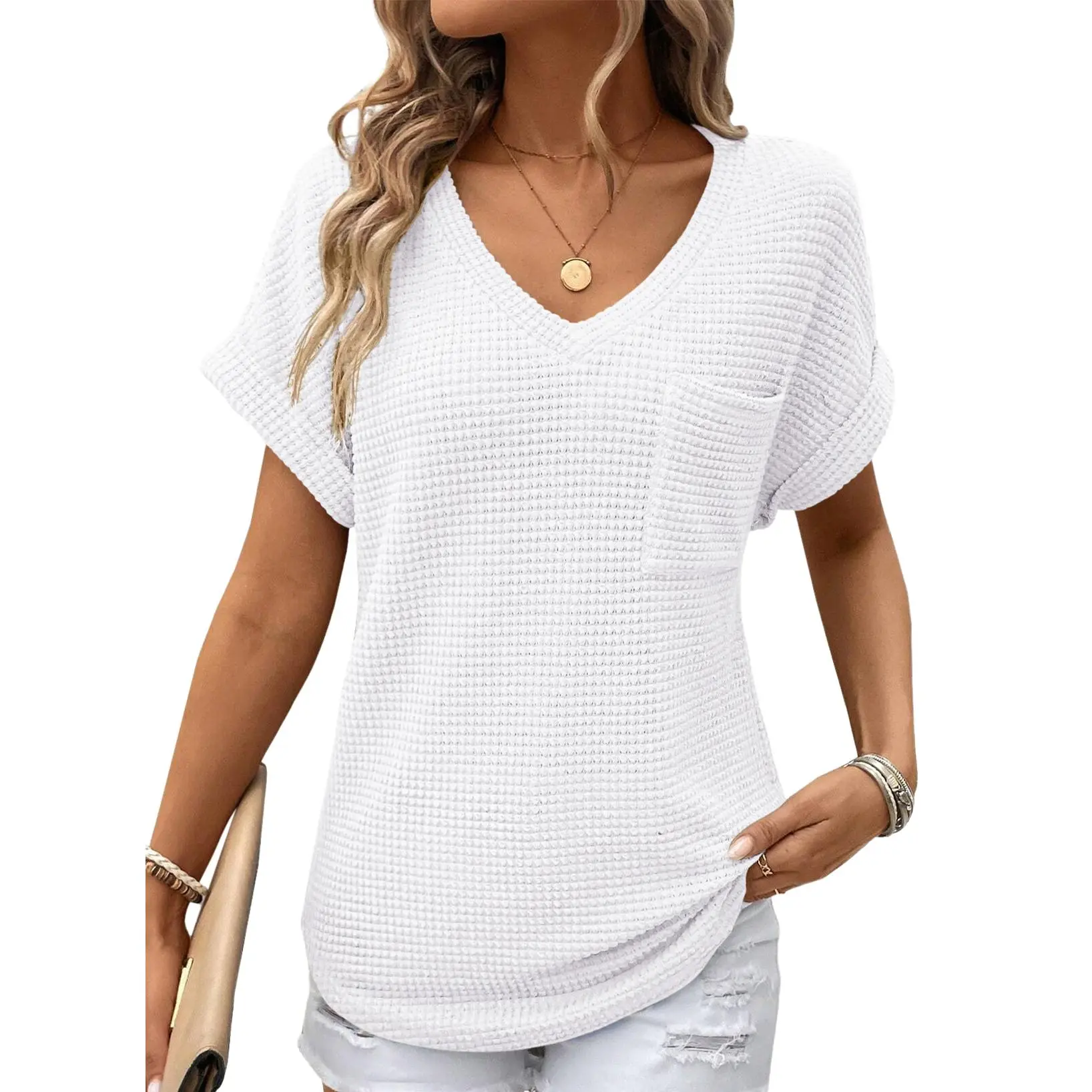Women's Waffle Knit V-Neck Casual Summer Tops - Lightweight & Breathable Basic Tee for Beach, Party, Work