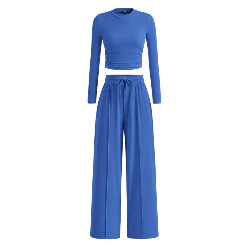 Women's Fall 2-Piece Set – Ribbed Knit Long Sleeve Crop Top & Wide-Leg Pants