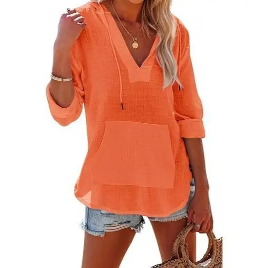Women's Beach Cover Up hoodies sweatshirt Long Sleeve V-Neck Pocketed Hooded Shirt Top Casual Womenswear