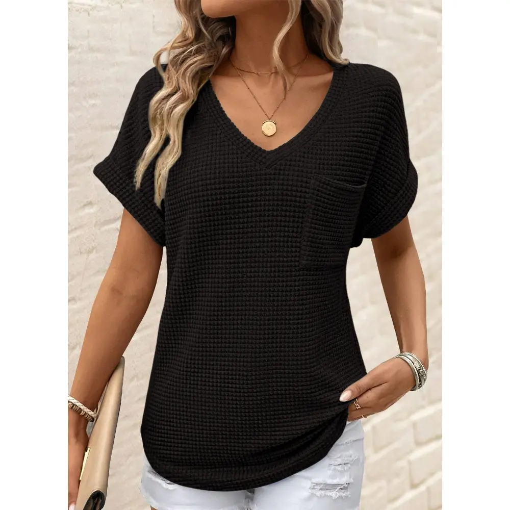 Women's Waffle Knit V-Neck Casual Summer Tops - Lightweight & Breathable Basic Tee for Beach, Party, Work