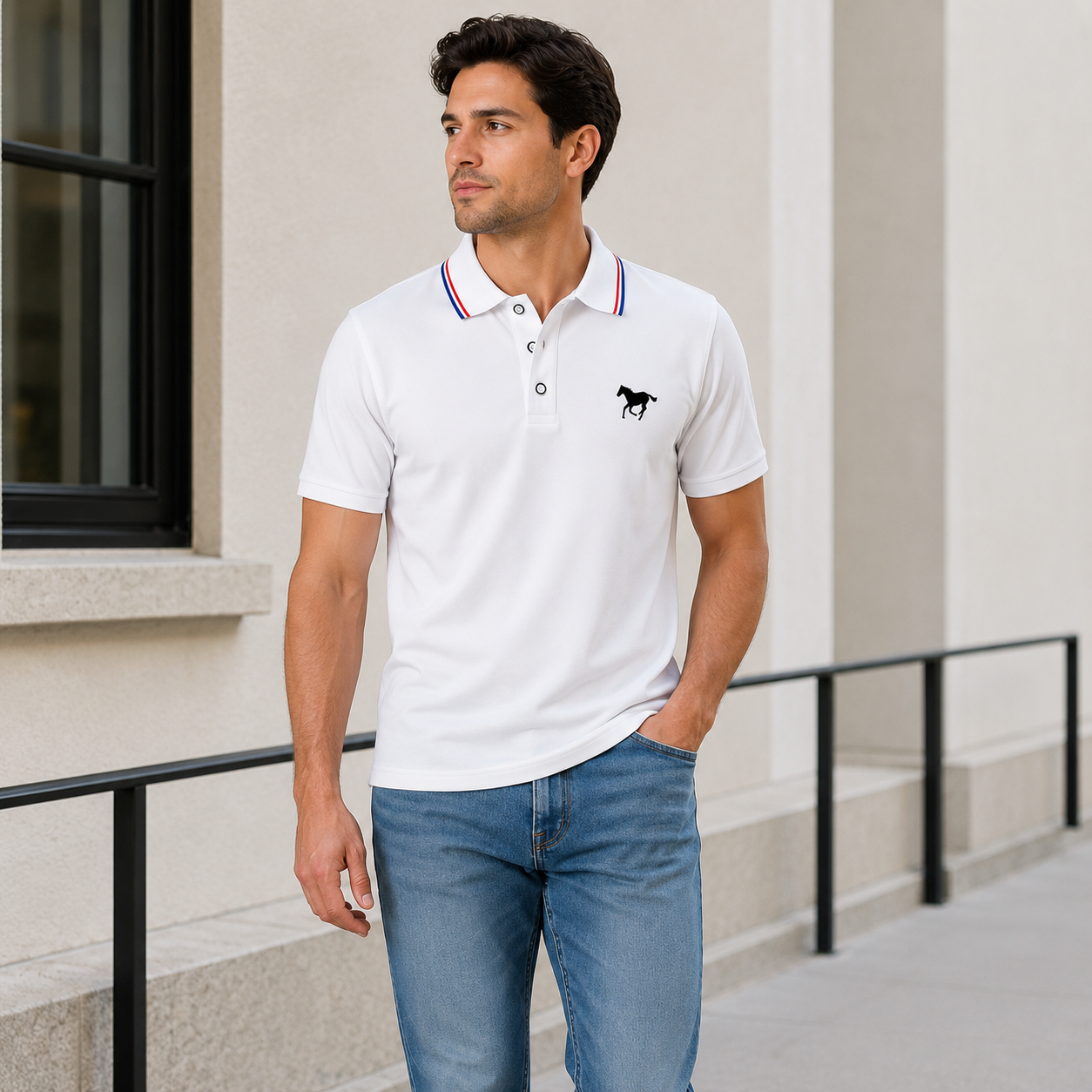 Men's Polo Shirt Set, Polo Style, Casual Fashion, Solid-Color Fitted Short-Sleeve Horse-Print Polo with Contrast Collar, Breathable Shirts for Daily Wear and Golf, Menswear