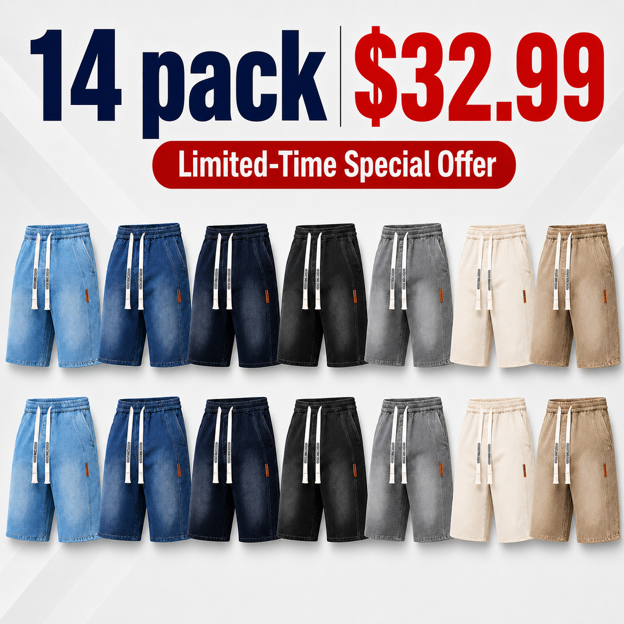 Men’s summer lightweight denim shorts — trendy short men’s pants, loose stretch mid-thigh denim shorts, classic street cotton everyday wear for men, elastic waistband drawstring denim shorts