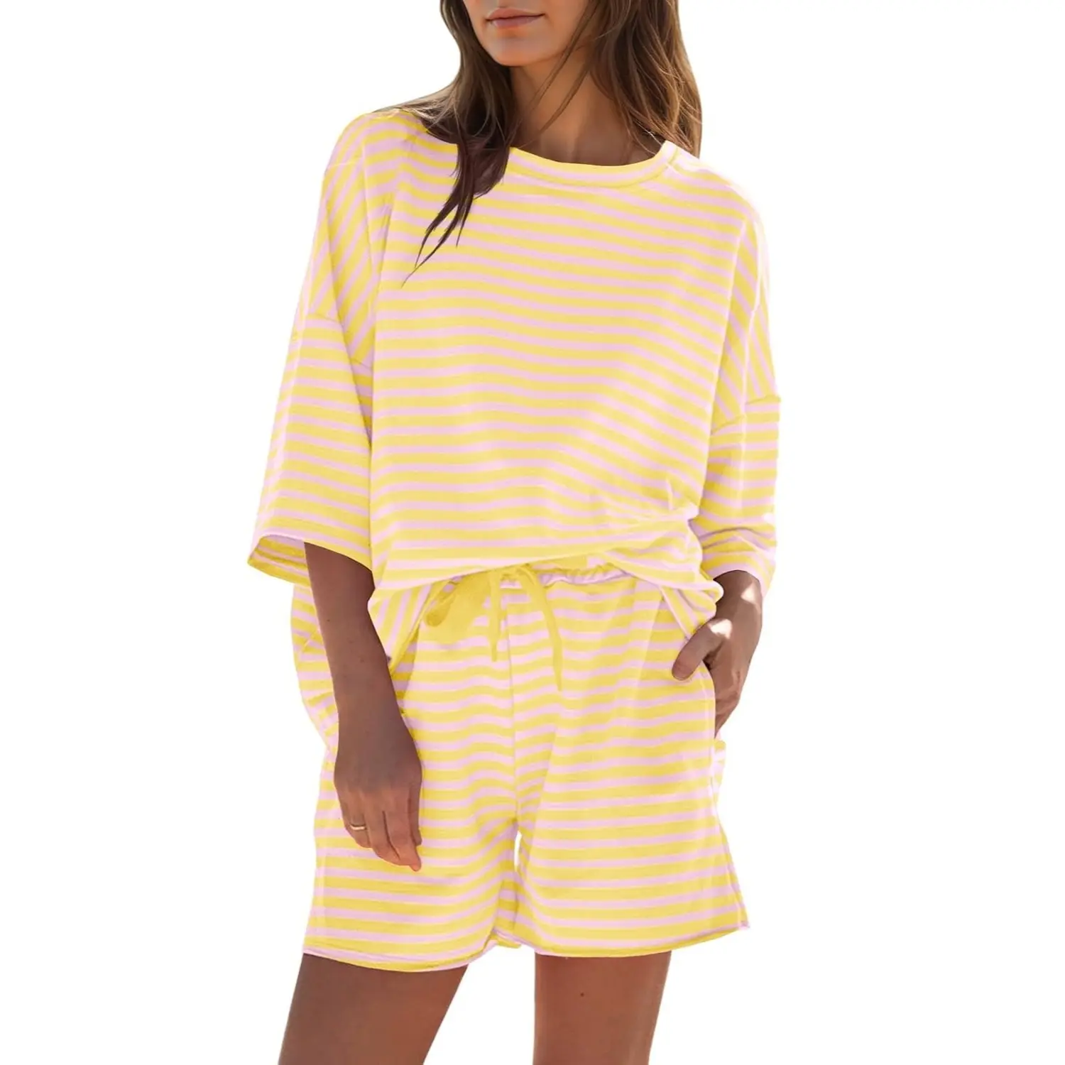 Womens Striped Short Sets 2 Piece Outfits Sweatsuits 3/4 Sleeve Pajamas Casual Lounge Sets
