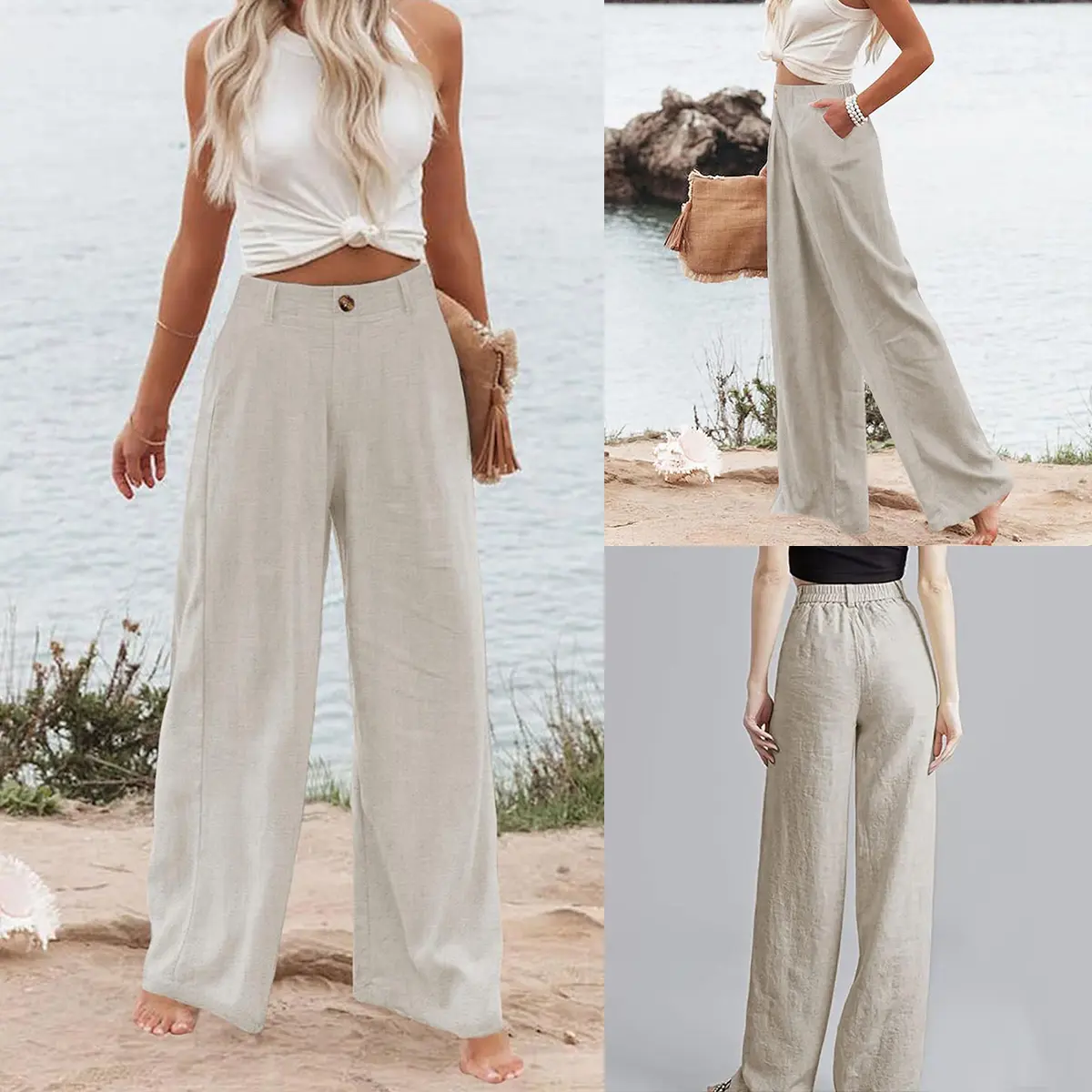 UANEO Women's Cotton Linen Wide Leg Pants Casual Button Up High Waisted Trousers Loose Comfy Spring Summer Womenswear SummerVibes Bohemian Bottoms Minimalist