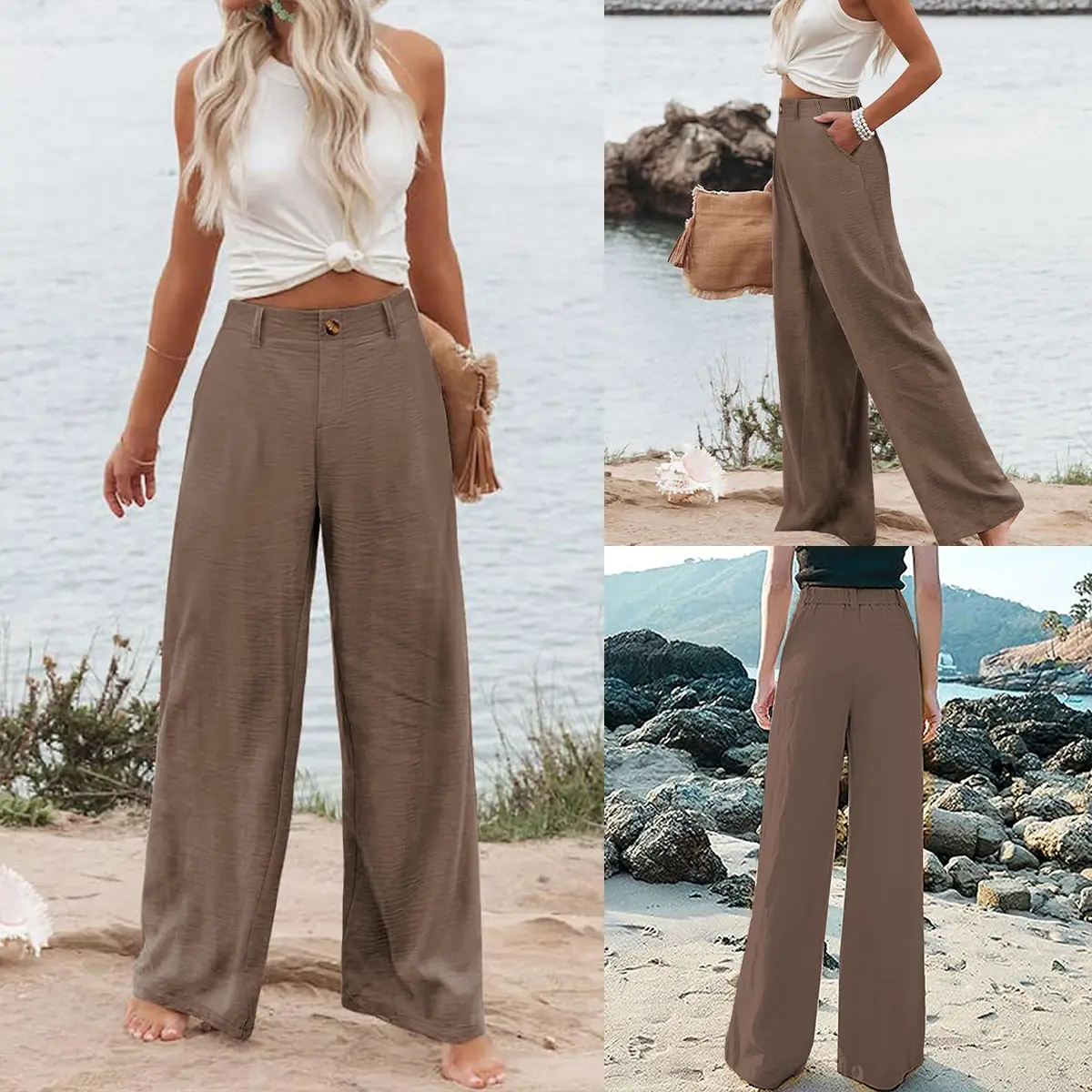 UANEO Women's Cotton Linen Wide Leg Pants Casual Button Up High Waisted Trousers Loose Comfy Spring Summer Womenswear SummerVibes Bohemian Bottoms Minimalist