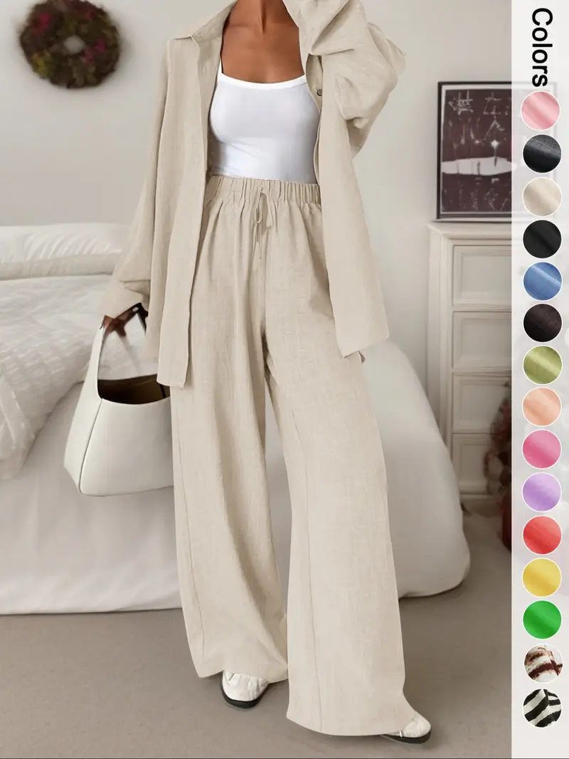 Women's Casual Sporty Shirt and Long Pants Set, Loose Button-Up Top and Wide-Leg Pants Two-Piece Set, Comfortable and Stylish