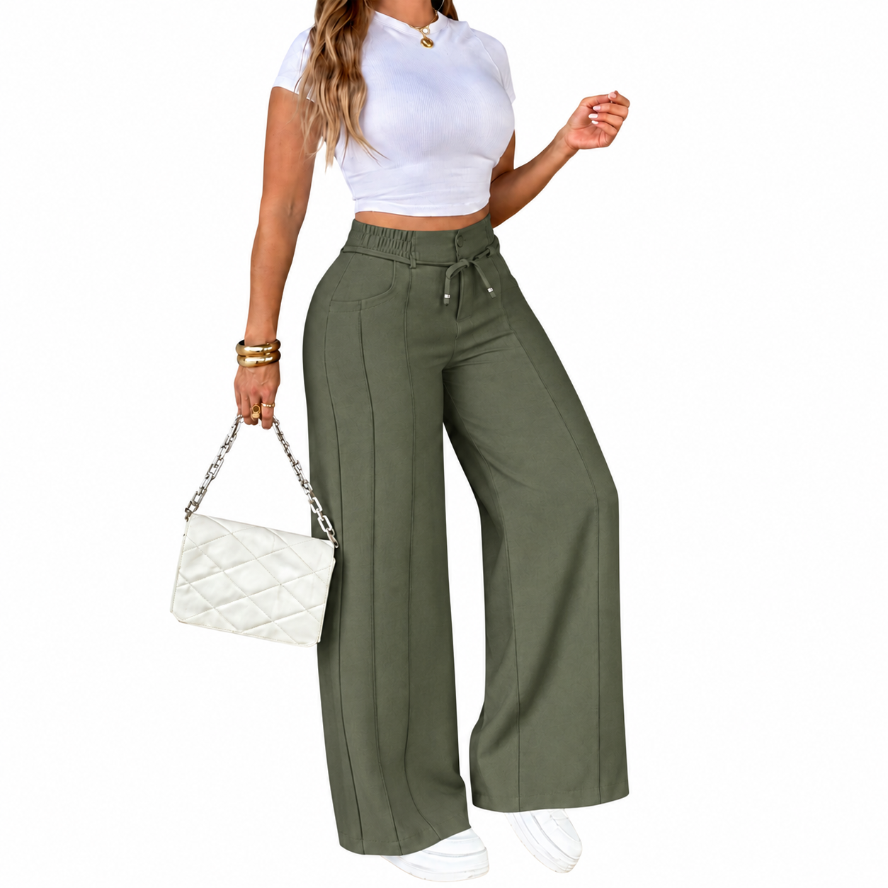 Women's High-Waisted Wide-Leg Pants with Drawstring, Lightweight Summer and Fall Pants