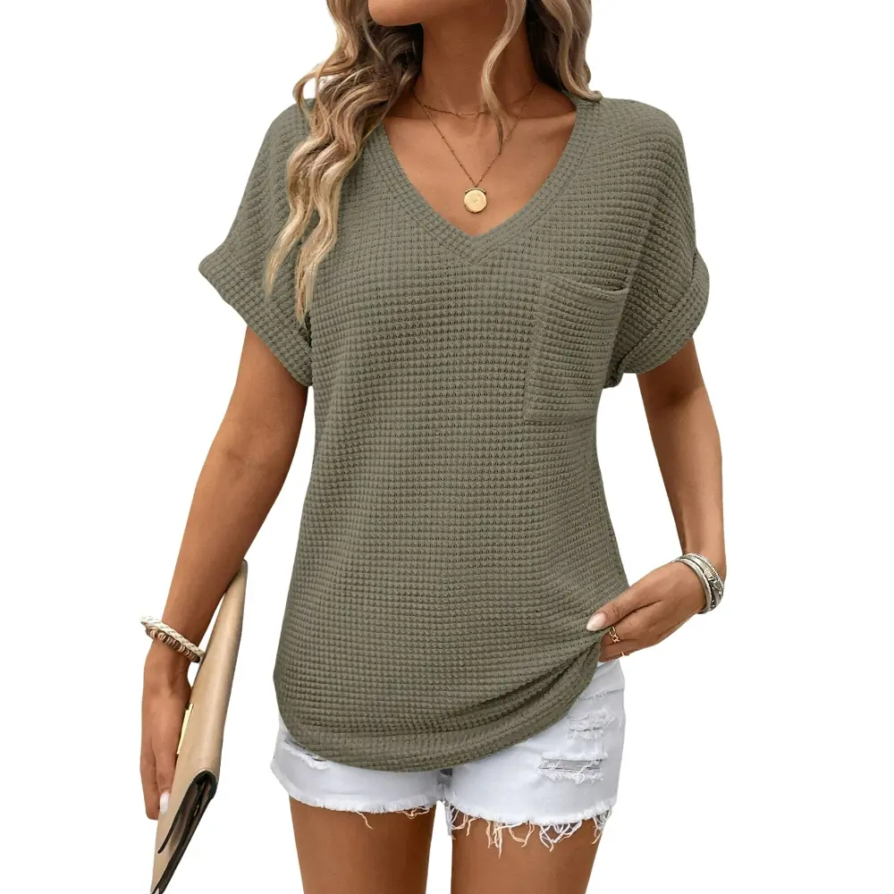 Women's Waffle Knit V-Neck Casual Summer Tops - Lightweight & Breathable Basic Tee for Beach, Party, Work
